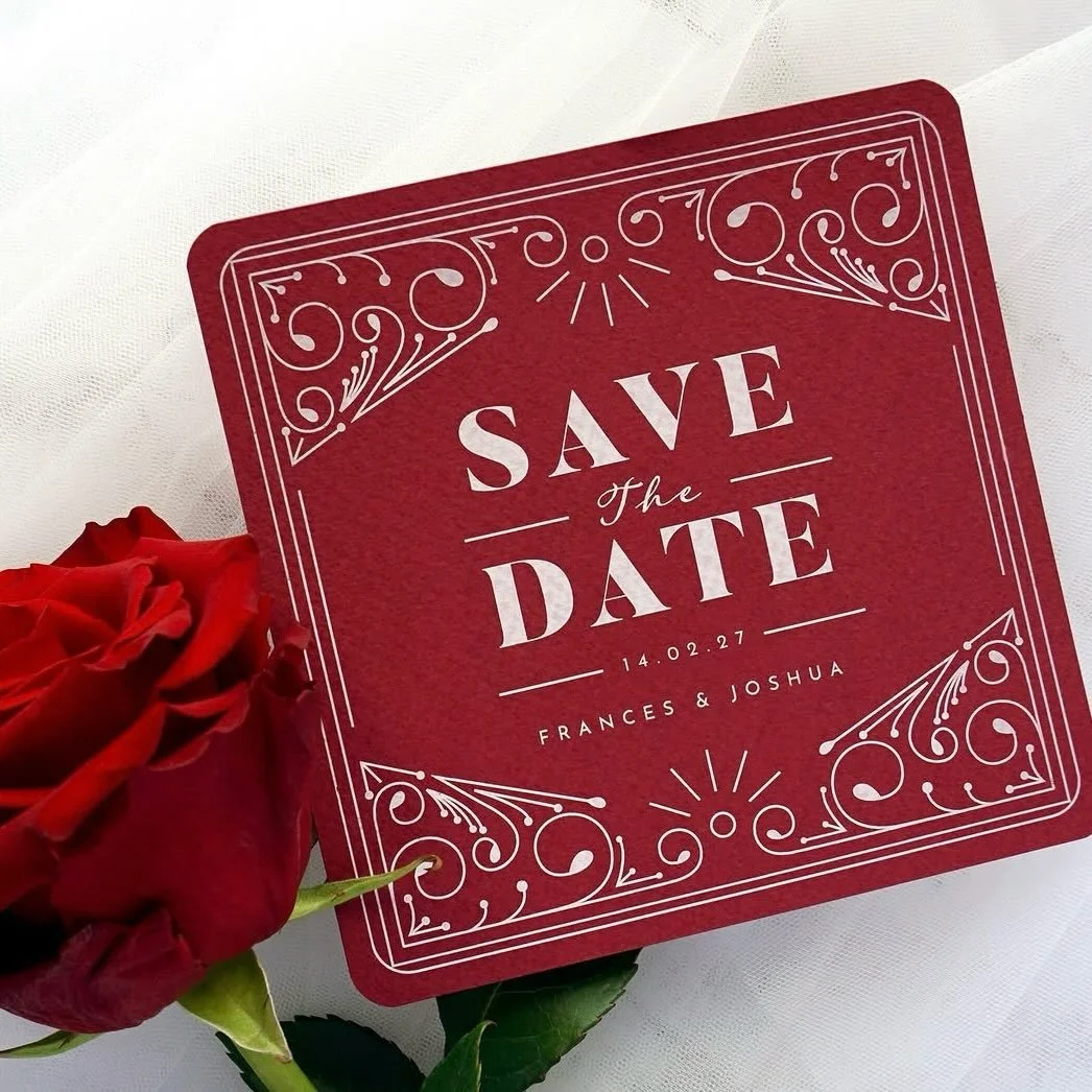 FRANCES - Roses are red, violets are blue, we love white ink printing, and hope you will too! This rich red cardstock is printed with specialist white ink and finished with rounded corners for some extra charm
.
.
.
#weddingstationery #weddinginvitat