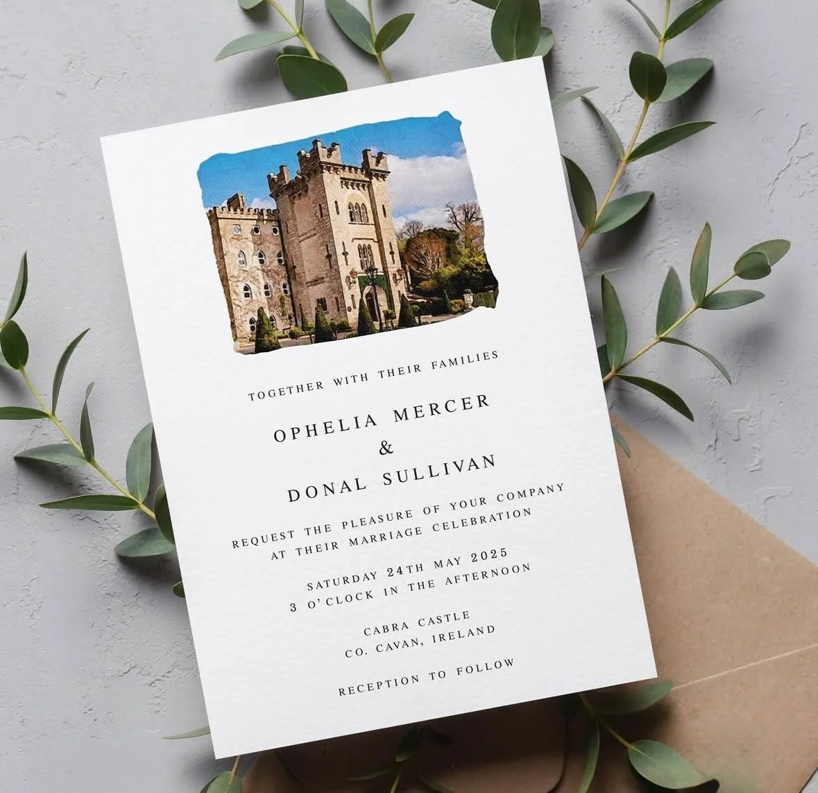 OPHELIA - Looking to feature your wedding venue on your invitations? Then look no further than the Ophelia suite. Personalised with your chosen venue, we create delicate watercolour illustrations to showcase the location. Paired with timeless typogra