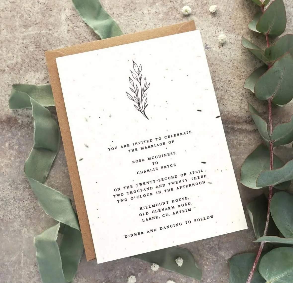ROSA - Our seed paper invites continue to be extremely popular and the Rosa suite is no exception. This sustainable cardstock option allows guests to plant their invitation after use and watch love grow into beautiful wildflowers. Paired with a recyc