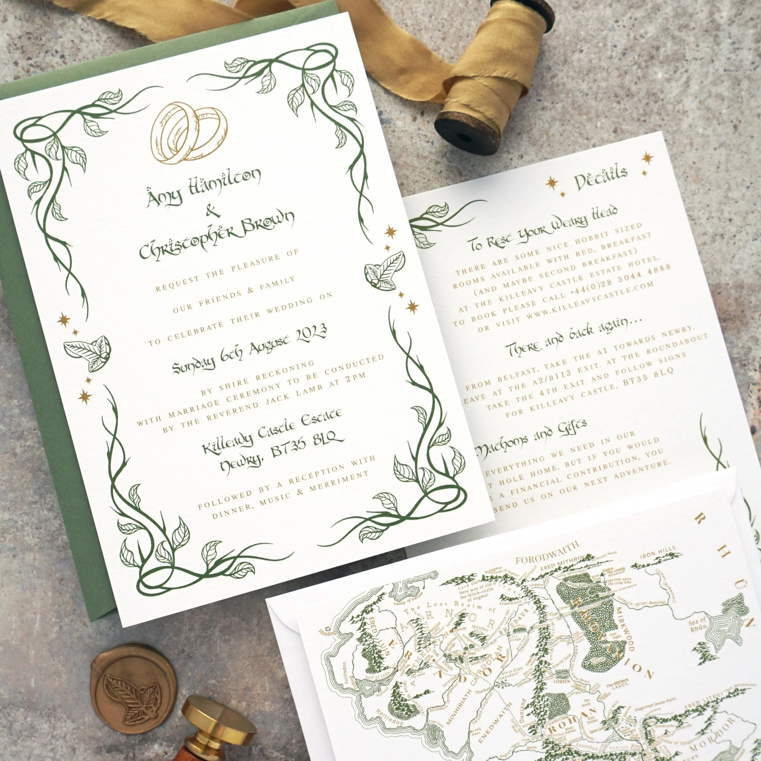 A&amp;C - This wonderful couple chose to fully embrace their favourite movie, Lord Of The Rings. Their invitation suite consisted of main invite, details card and an RSVP with map of Middle Earth. This theme was also extended all the way through to O