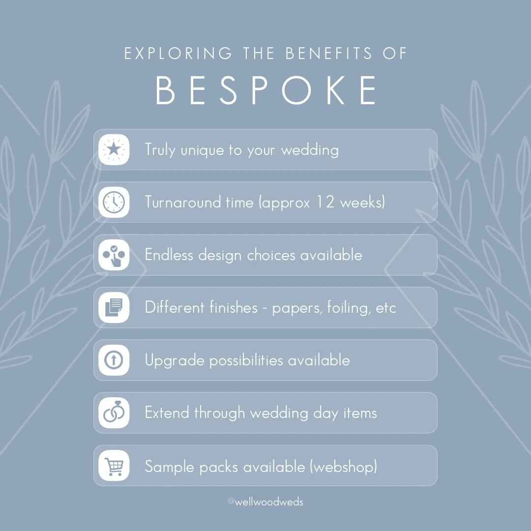 BESPOKE - After chatting about semi-custom last week, it&rsquo;s now time to speak about bespoke stationery. Bespoke options allow for a huge range of design possibilities, with the intention of making your invitations truly unique. Turnaround time i