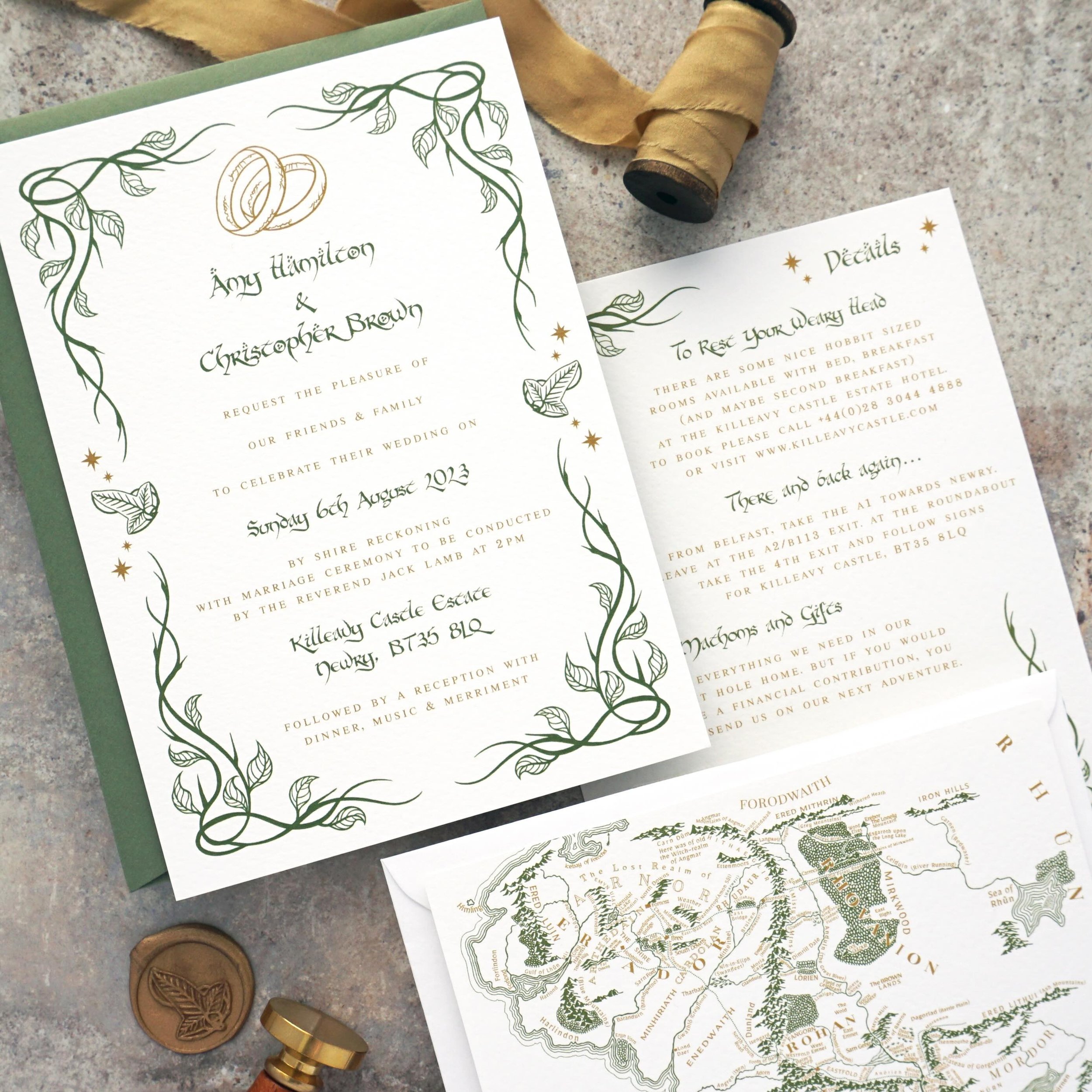A&amp;C - This wonderful couple chose to fully embrace their favourite movie, Lord Of The Rings. Their invitation suite consisted of main invite, details card and an RSVP with map of Middle Earth. This theme was also extended all the way through to O