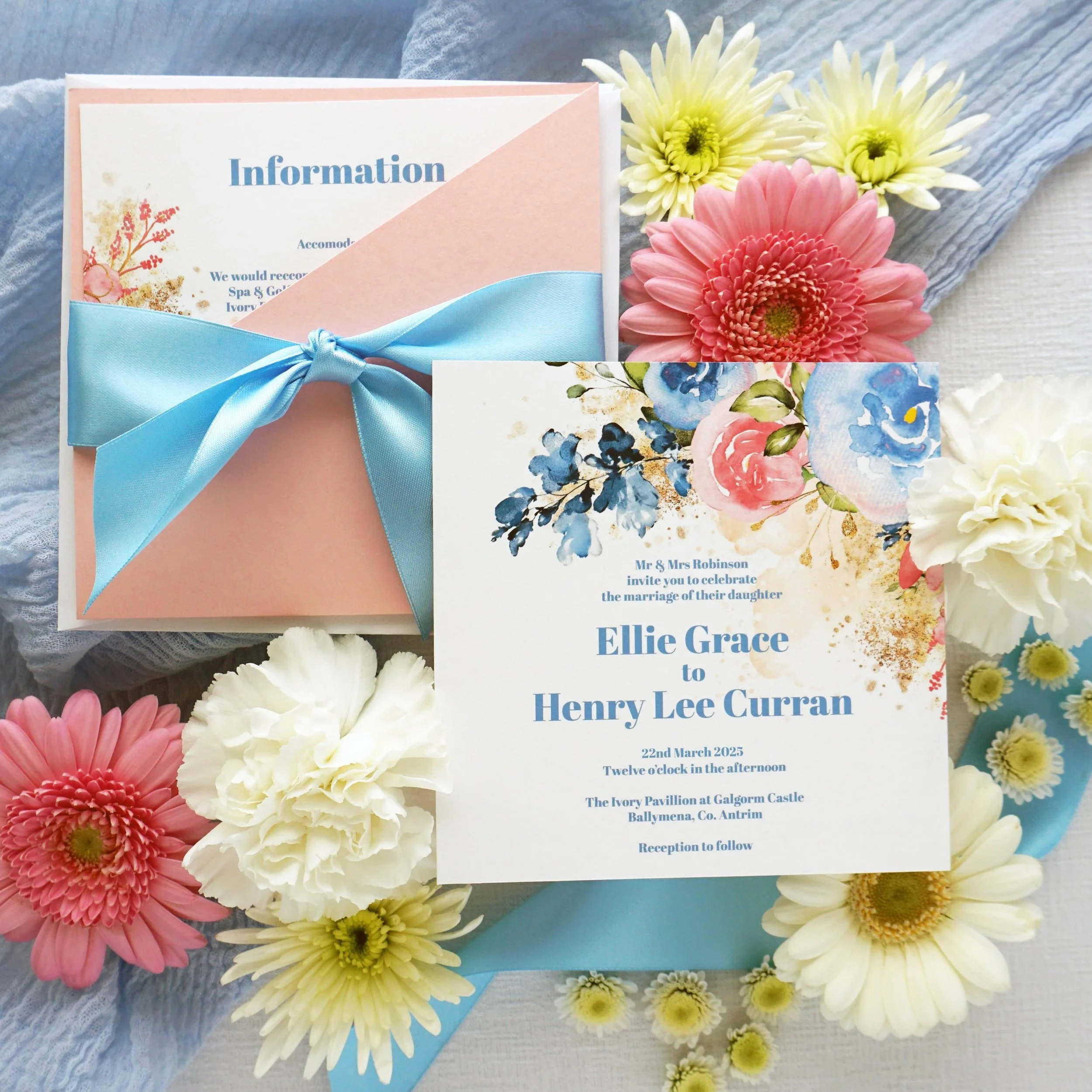 ELLIE - Bright blooms for a stylish spring or summer wedding, delightfully displayed in a petal pink wallet and finished with a satin ribbon. You really get the sense of sunshine with this one, let&rsquo;s just hope the weather matches it on the big 