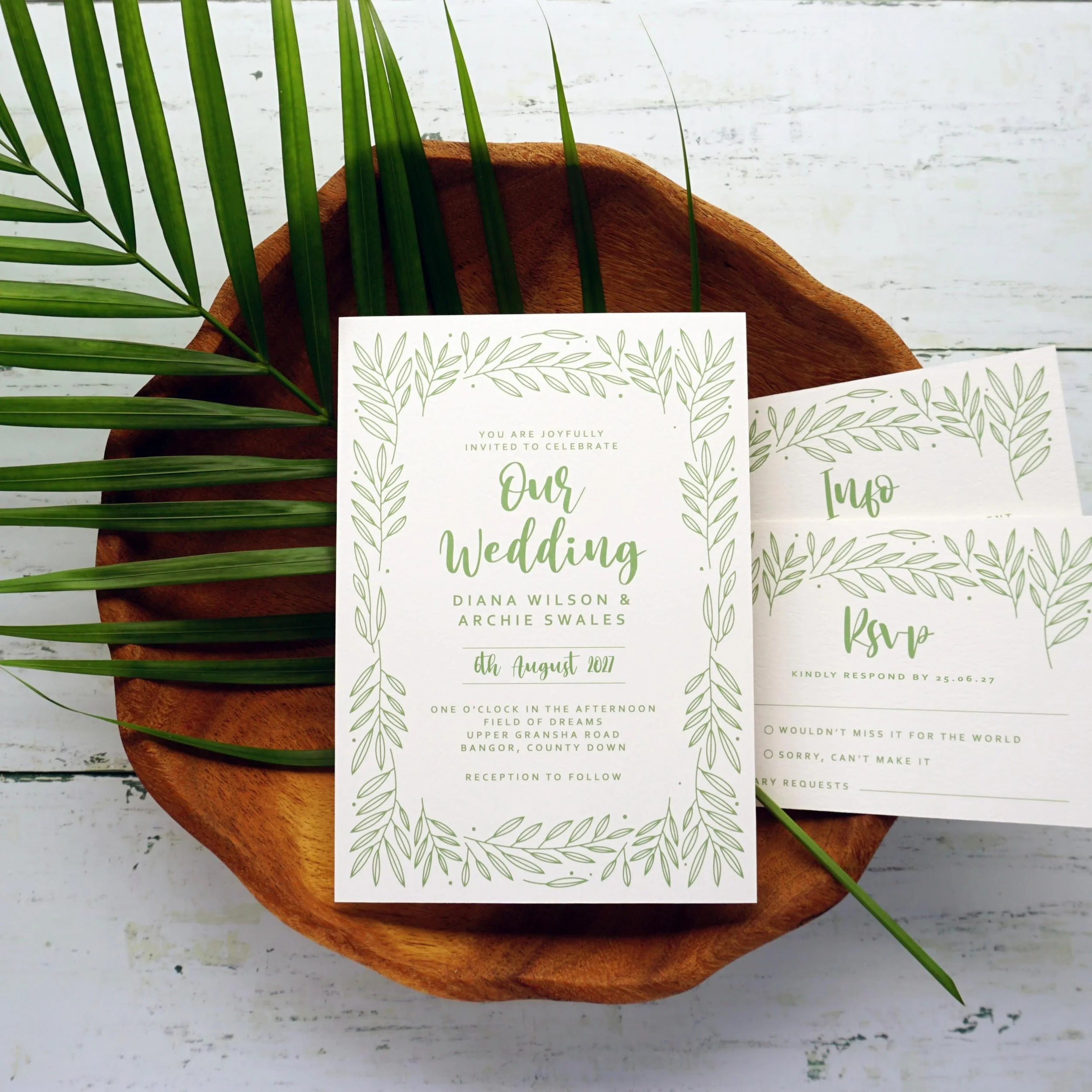 DIANA - A botanical, single colour invitation suite printed on an off white recycled cardstock. Perfect for adding a rustic touch to your special day and helping the environment too as all the cardstock used is FSC certified, meaning it comes from su