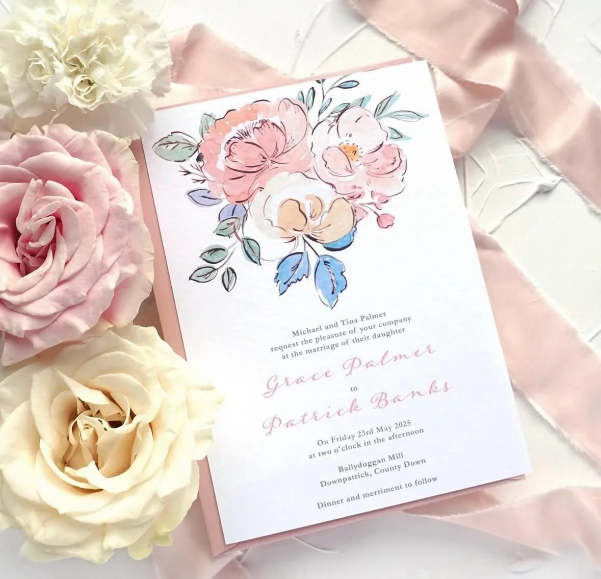 GRACE - Beauty and grace, it&rsquo;s in the name. Blissful blush tones with peony charm perfection. All wrapped up in a silk hand-dyed bow, this suite just embodies summertime sunshine
.
.
.
#weddingstationery #weddinginvitation #floralinvitation #we