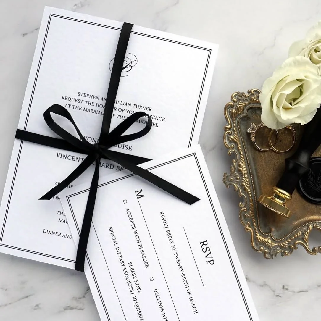 YVONNE - Simple, chic and elegant... some of the words used to describe this suite. Printed on premium heavyweight hammered cardstock, it gives a luxurious feel and can even be wrapped in ribbon for some extra charm and character
.
.
.
#weddingstatio
