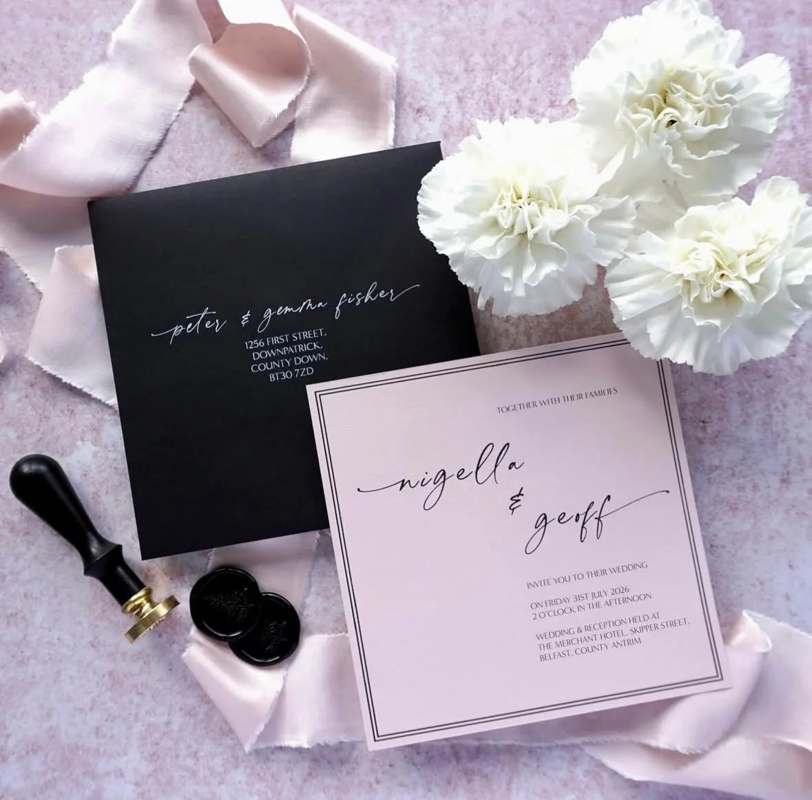 NIGELLA - Simplistic yet stylish is the Nigella suite, featuring a luxury blush pink invitation and partnered with a premium jet black envelope addressed in white ink. Not keen on the pink, you&rsquo;re in luck, this suite can also be done on white c
