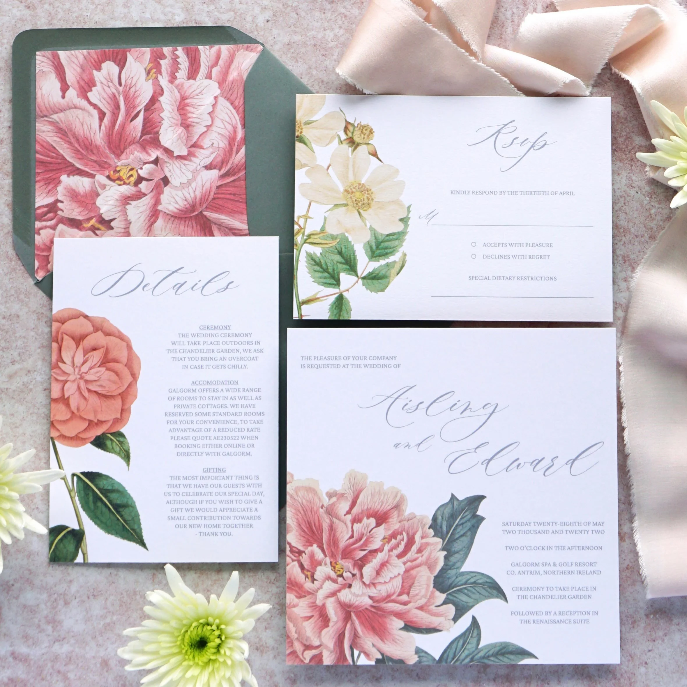 AISLING - We were thrilled to have our Aisling suite featured in British Vogue magazine. This beautiful double sided invitation is giving sunny garden, peony vibes, with delicate floral illustrations and soft typography, the suite offers a hint of su