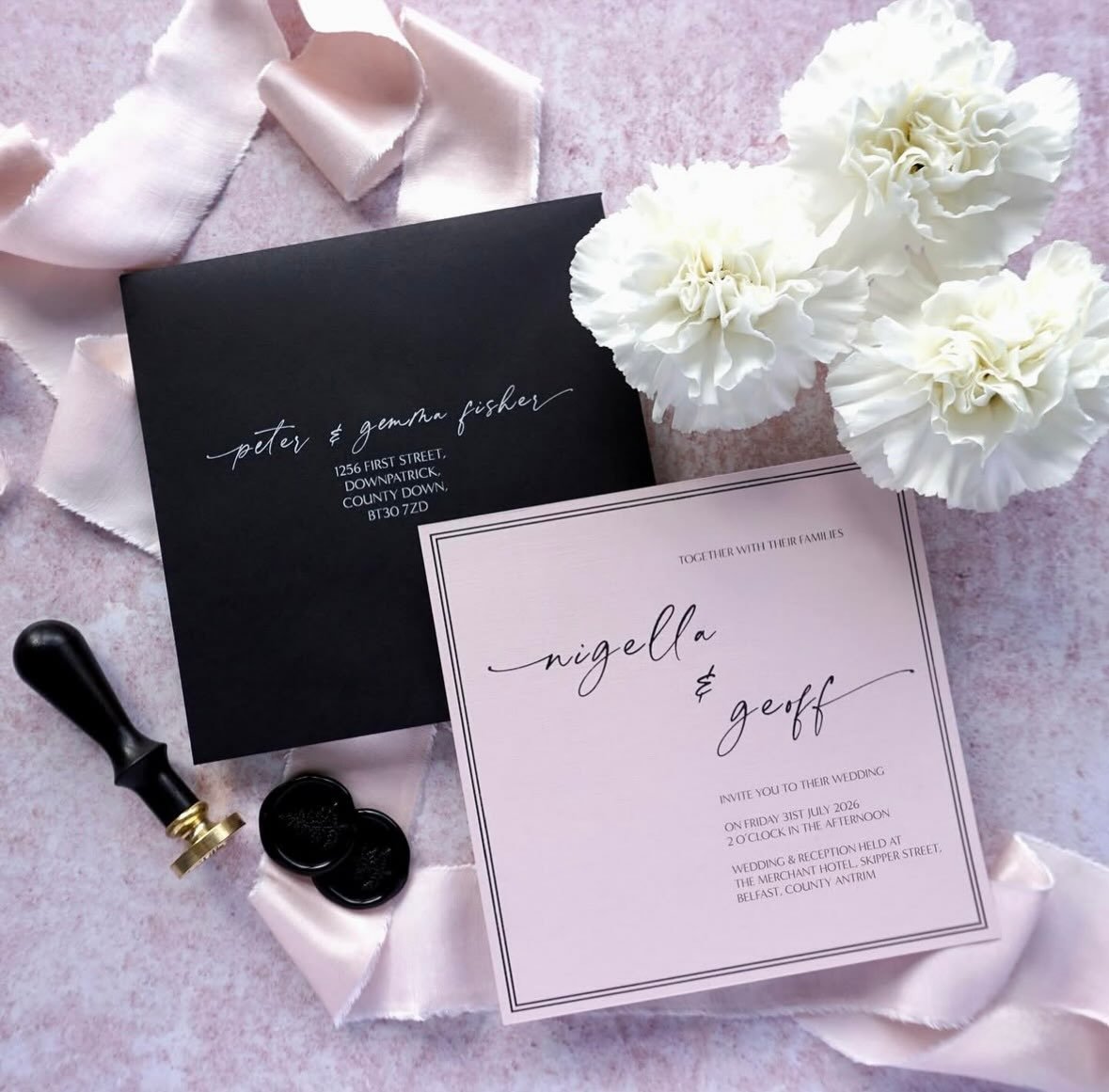 NIGELLA - Simplistic yet stylish is the Nigella suite, featuring a luxury blush pink invitation and partnered with a premium jet black envelope addressed in white ink. Not keen on the pink, you&rsquo;re in luck, this suite can also be done on white c