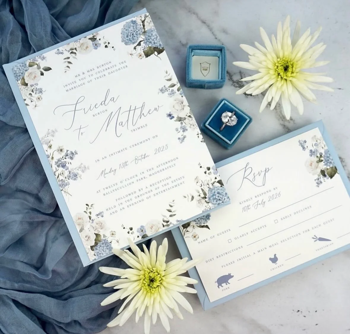 FRIEDA - Featuring soft watercolour hydrangeas, white roses, and elegant greenery the Frieda suite makes a statement. With its powder blue envelope and matching RSVP card, this design is your perfect &ldquo;something blue&rdquo;
.
.
.
#weddingstation
