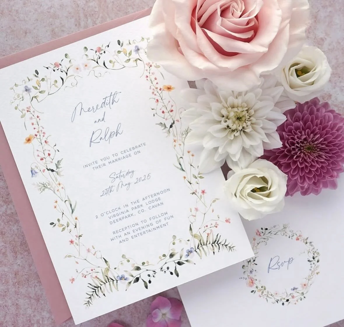 MEREDITH - Elegant, delicate and soft is how we would describe the Meredith suite. Printed on the finest Italian cardstock and paired with a luxury dusty rose envelope, this invitation is sure to impress your guests and set the tone for your wedding 