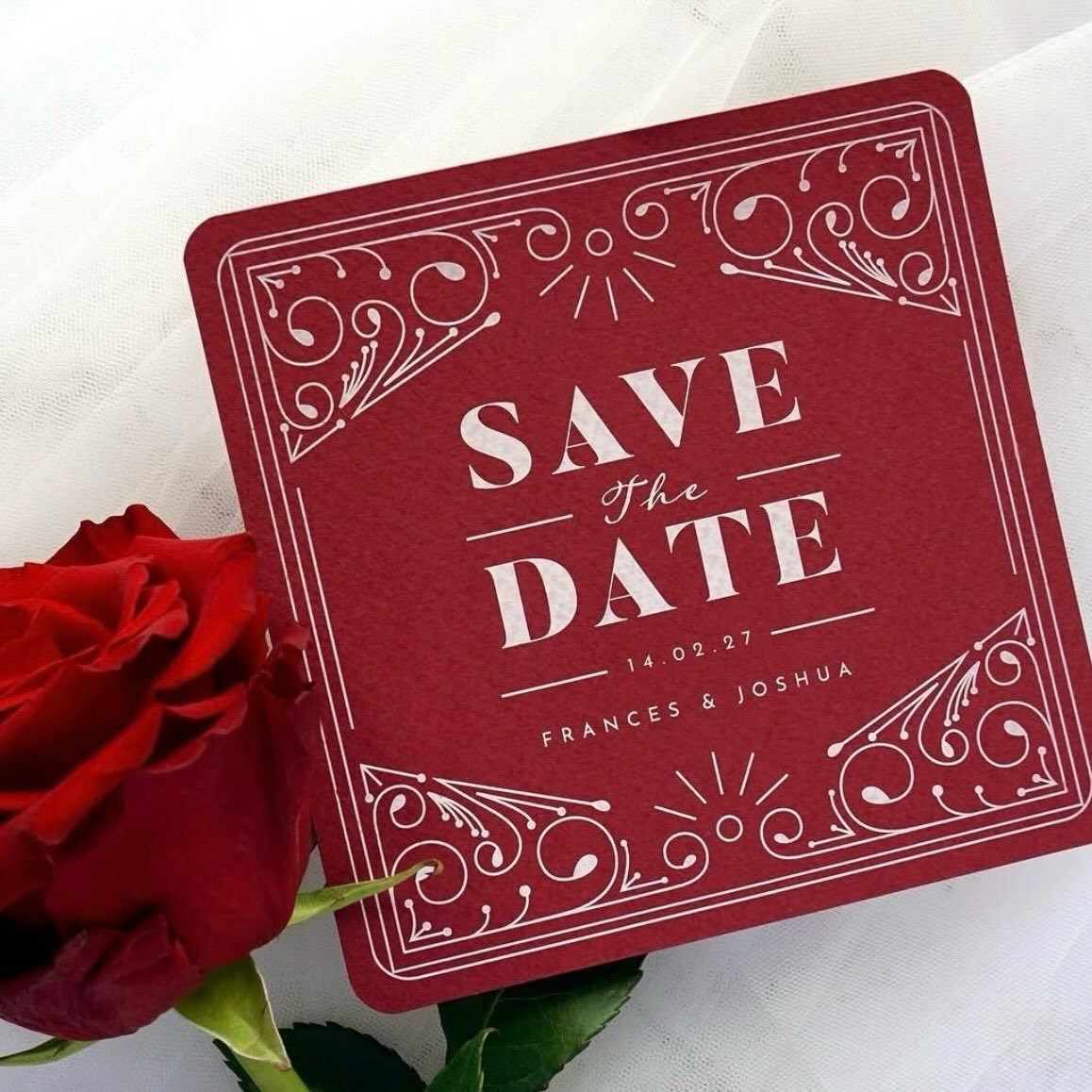 FRANCES - Roses are red, violets are blue, we love white ink printing, and hope you will too! This rich red cardstock is printed with specialist white ink and finished with rounded corners for some extra charm
.
.
.
#weddingstationery #weddinginvitat