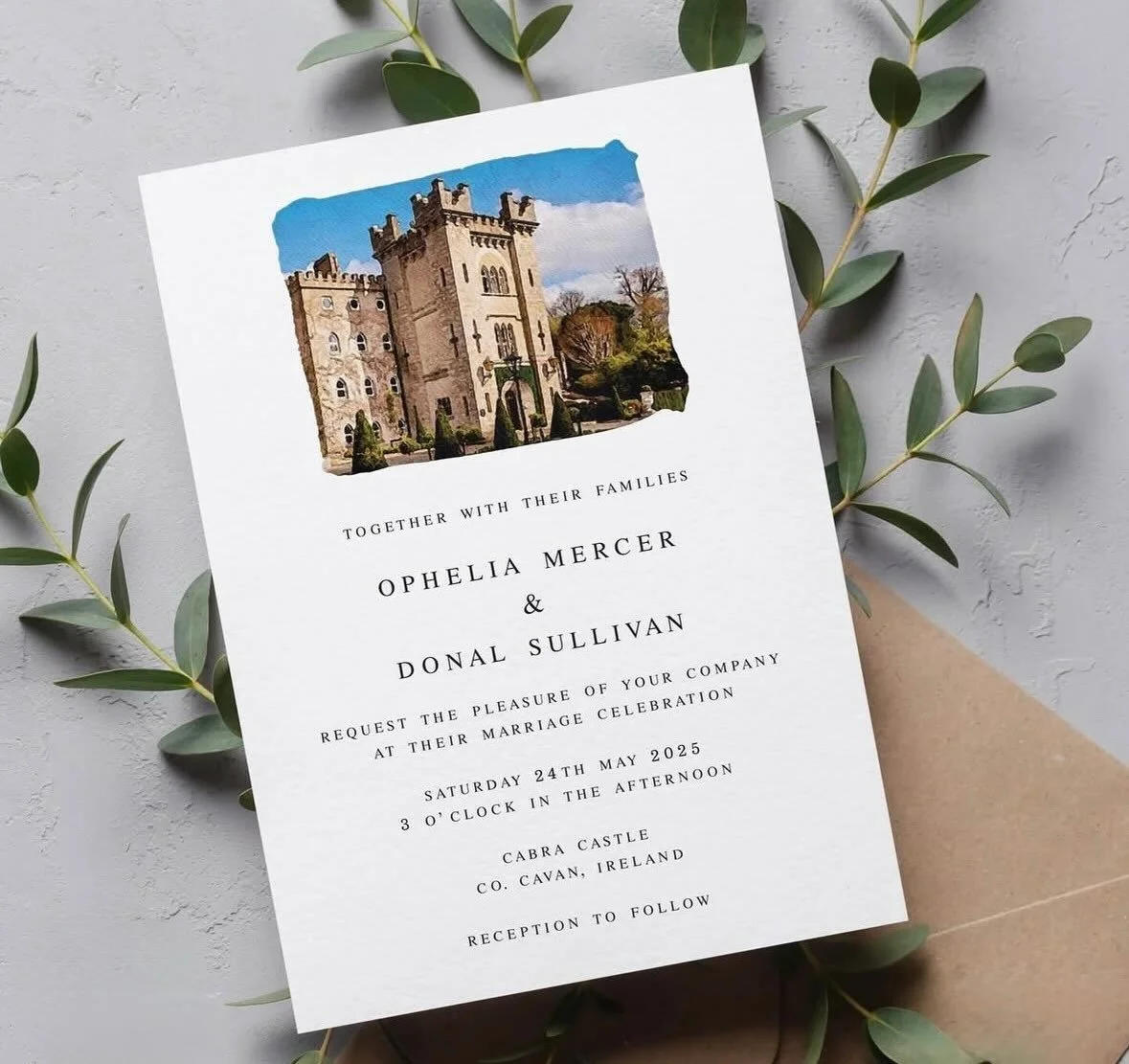 OPHELIA - Looking to feature your wedding venue on your invitations? Then look no further than the Ophelia suite. Personalised with your chosen venue, we create delicate watercolour illustrations to showcase the location. Paired with timeless typogra