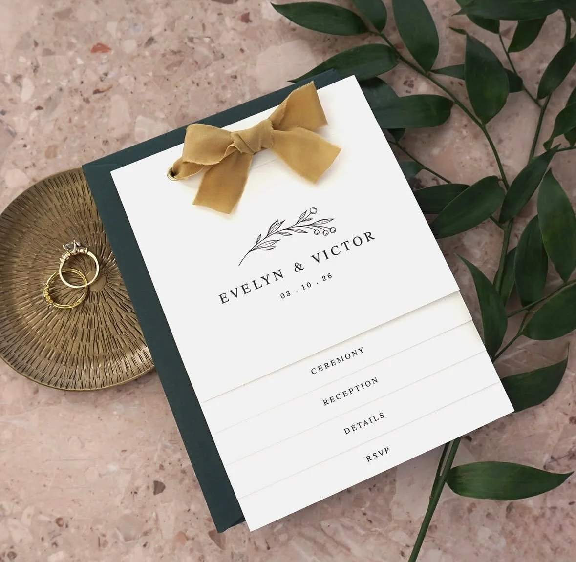 EVELYN - Make a statement with this multi card invitation. Complete with ceremony, reception, details and detachable RSVP postcard, the Evelyn suite has it all! Finished with hand dyed organic silk ribbon and deluxe envelope, it&rsquo;s like having a