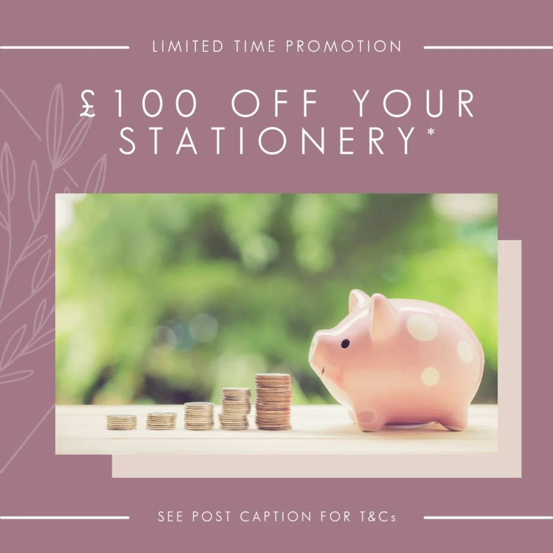PROMO - Our promotion to get &pound;100 off your wedding stationery order is nearly finished. This limited time promotion will expire on 31/10/26 so now is the time to get in touch and grab this discount.
.
To avail of the promotion, orders must be &