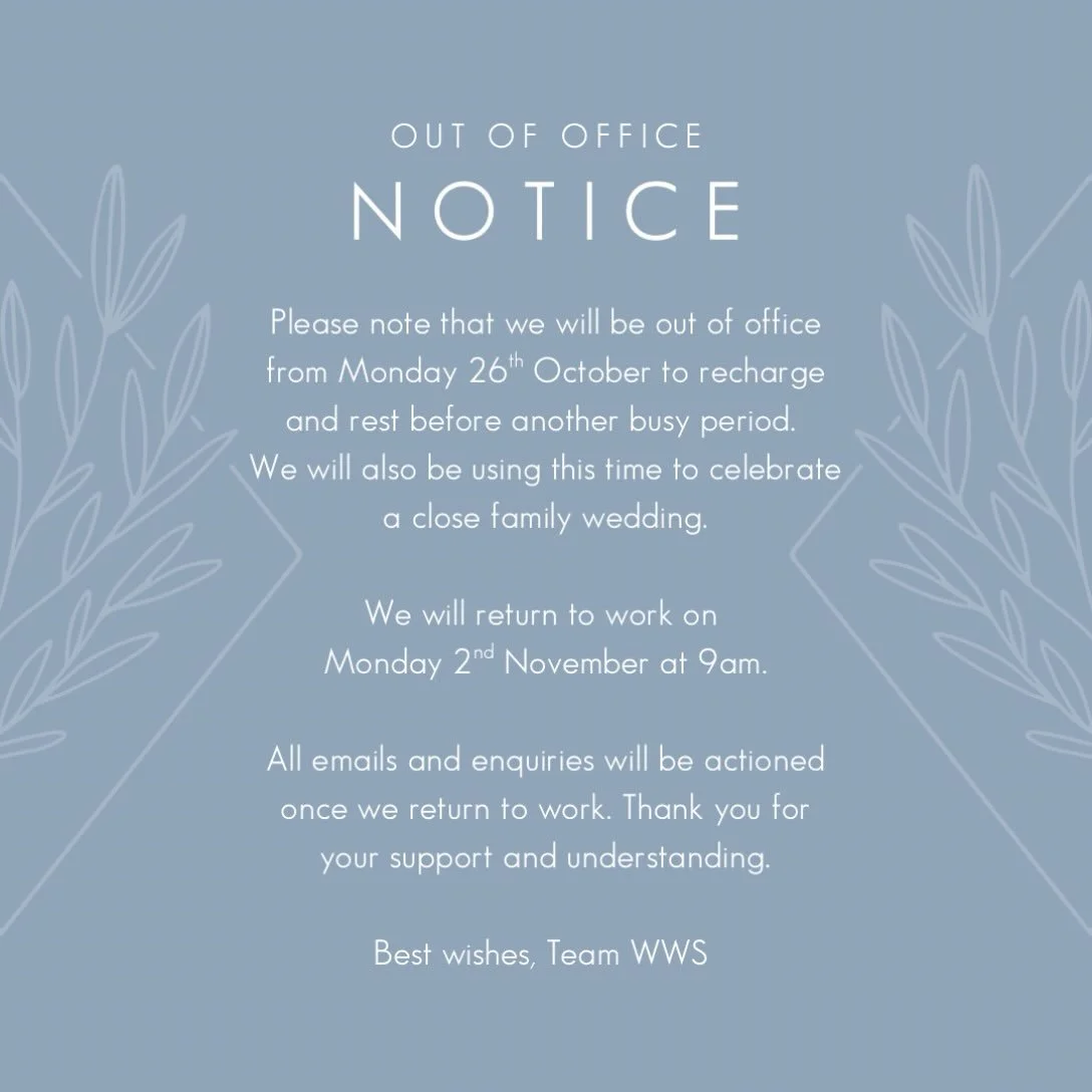 NOTICE - Please note that we will be out of office from Monday 26th October to recharge and rest before another busy period. We will also be using this time to celebrate a close family wedding. We will return to work on Monday 2nd November at 9am. Al