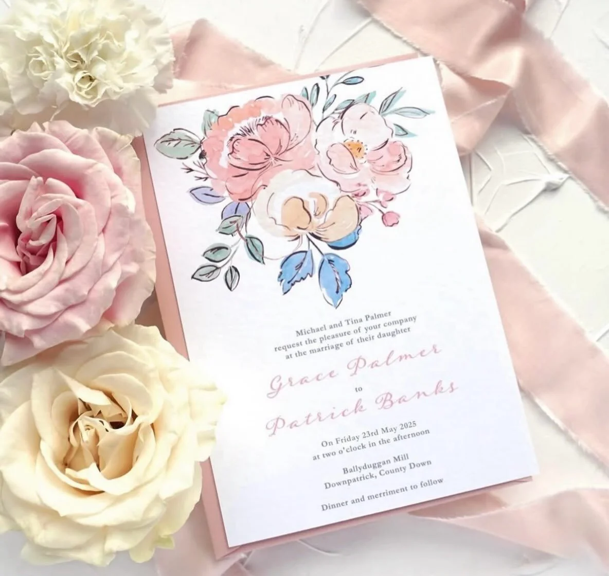 GRACE - Beauty and grace, it&rsquo;s in the name. Blissful blush tones with peony charm perfection. All wrapped up in a silk hand-dyed bow, this suite just embodies springtime sunshine
.
.
.
#weddingstationery #weddinginvitation #floralinvitation #we