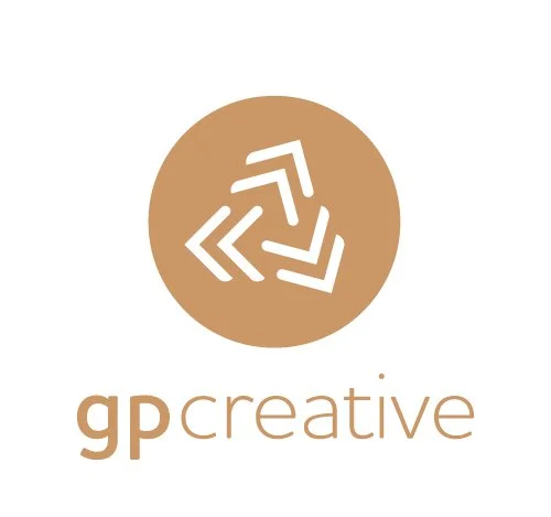 Logo with a circular brown background, white geometric arrows, and the text 'gp creative' underneath.