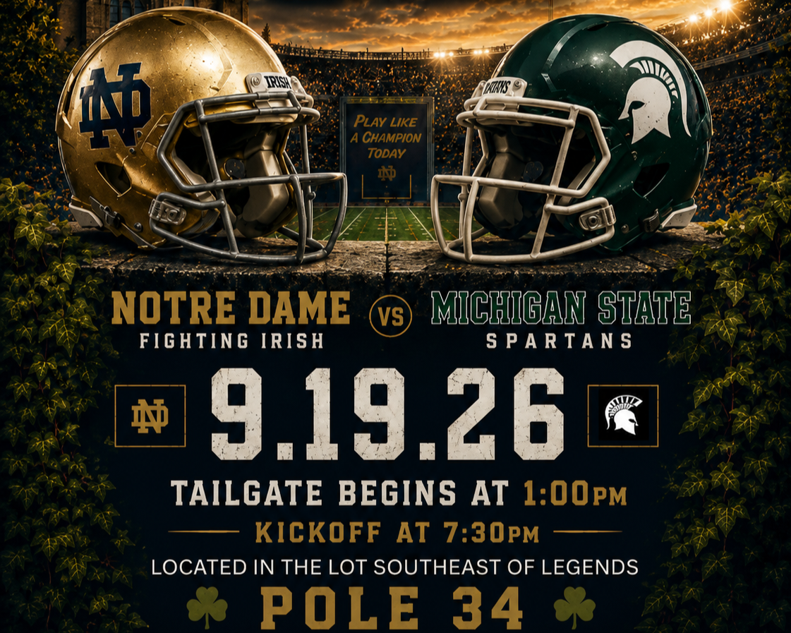 Howard Hanna SB Real Estate Annual Tailgate in South Bend, Indiana, featuring Notre Dame vs. Michigan State football helmets, September 19, 2026, with tailgate details at Pole 34 by Teresa Couch