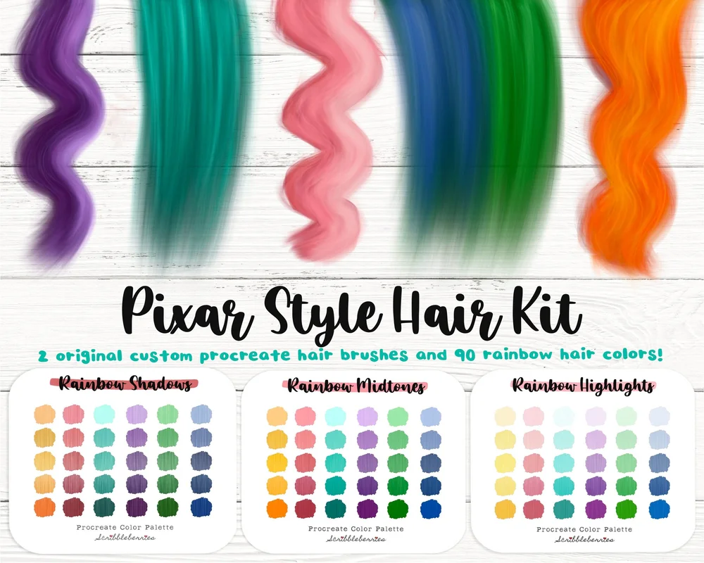 Pixar Style Rainbow Hair Kit, Procreate hair Brushes, procreate brushes, procreate  color palettes, Pixar style, hair color palettes, — Scribbleberries