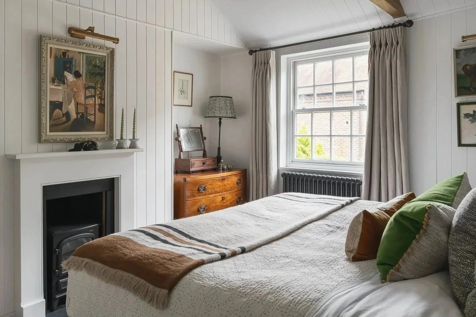 bedroom with white panelled walls art and throws on the bed, Interior design by Dunning & Everard