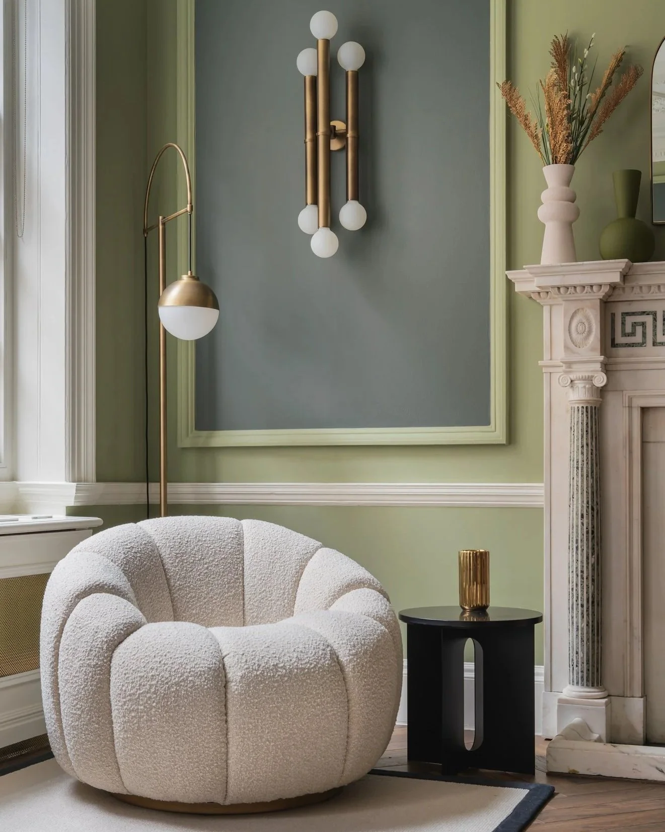 Living room corner with a textured white armchair, black side table with gold vase, modern wall sconce, and decorative vases on a fireplace mantel, with green walls and a window.