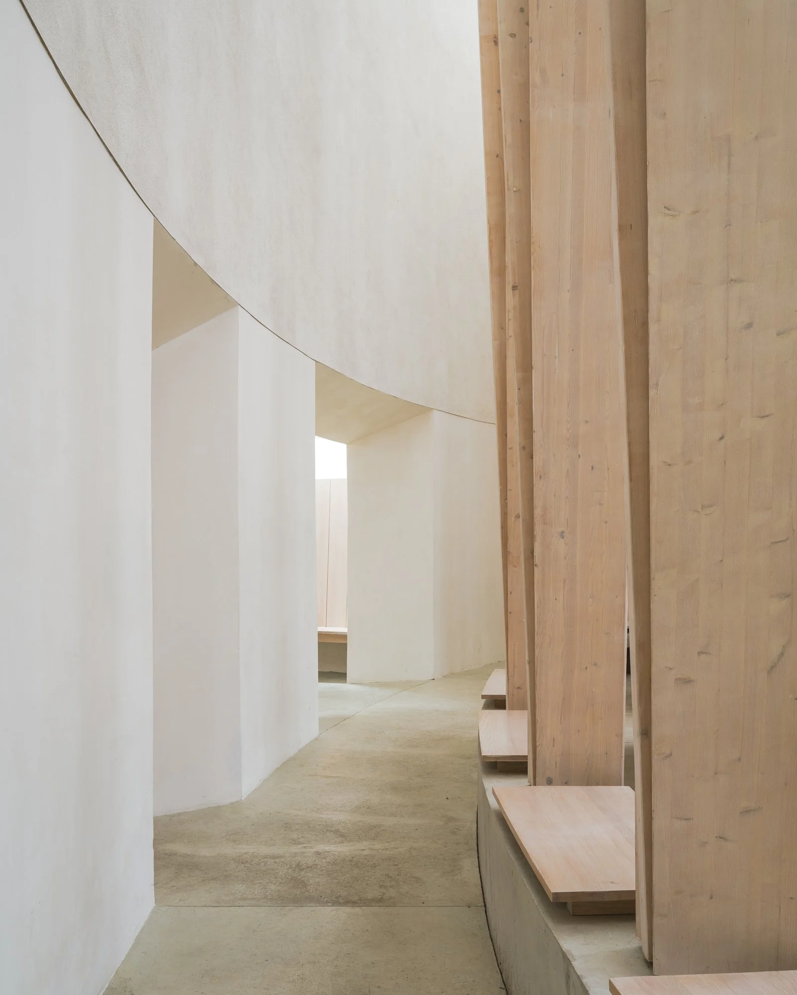 Interior view of a modern minimalist space with white and light wood surfaces, featuring curved white wall and wooden partition with bench seating.
