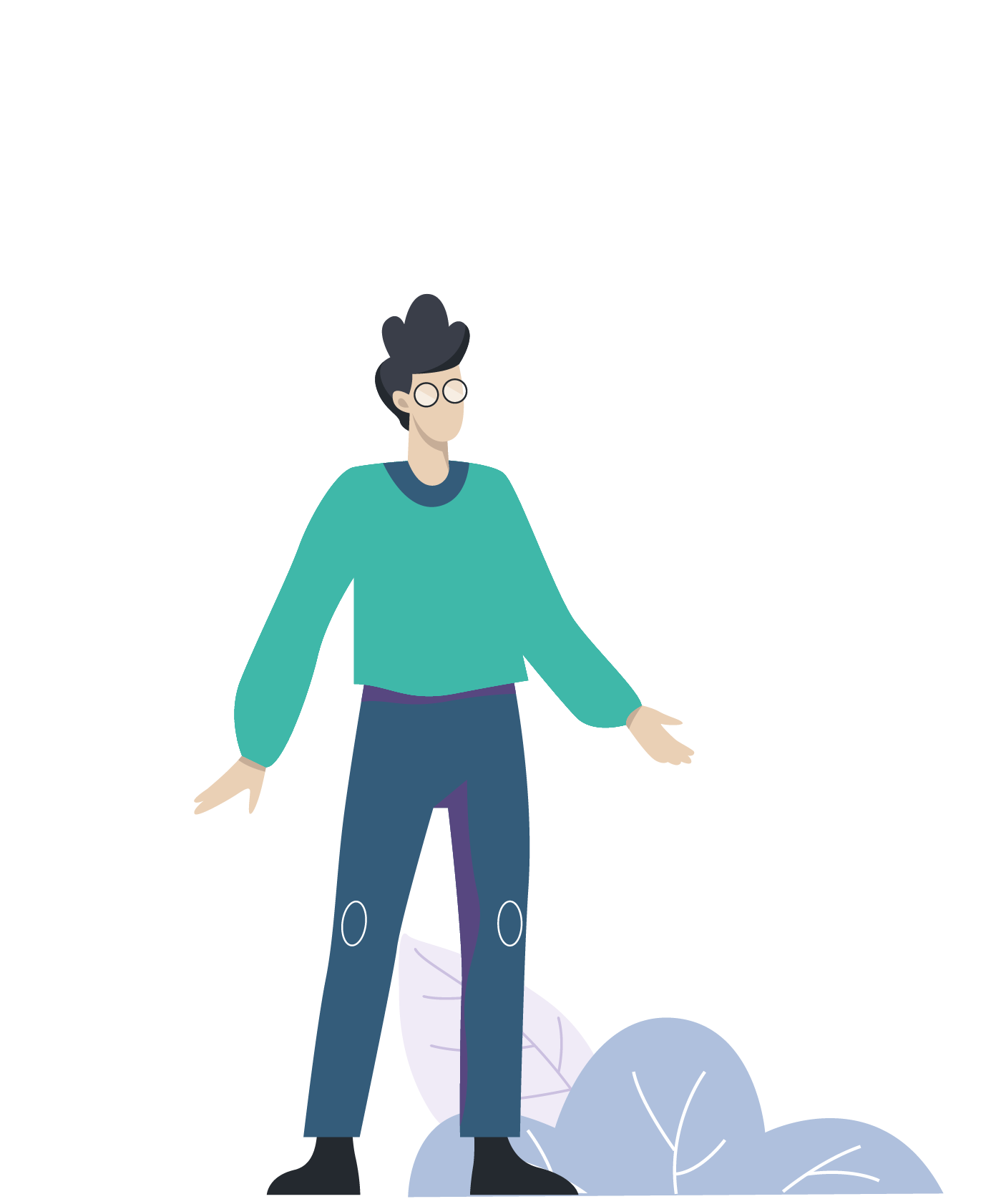 A person with short dark hair and glasses, wearing a teal long-sleeve shirt and blue jeans, standing outdoors among large stylized leaves.