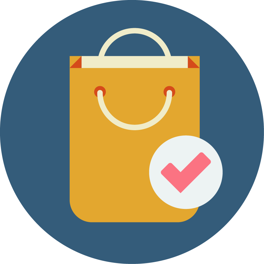 Shopping bag with a checkmark icon indicating purchase confirmation.