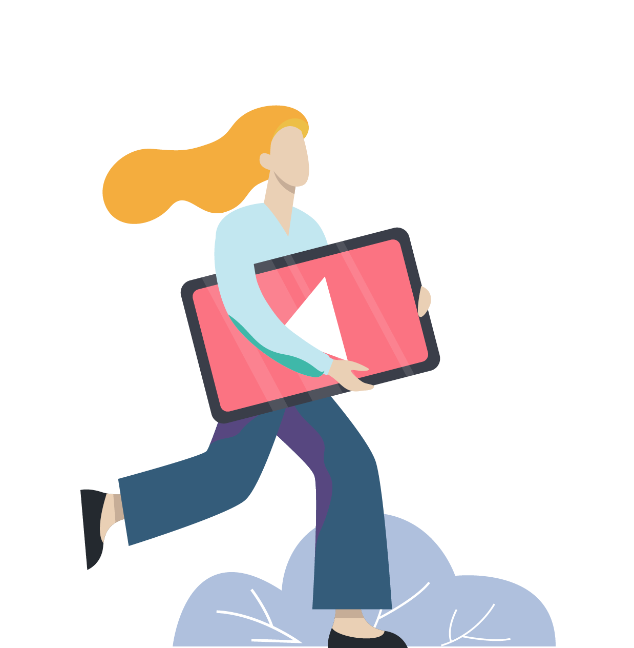 Illustration of a woman with long blonde hair holding a laptop, standing on a cloud, with a black background.