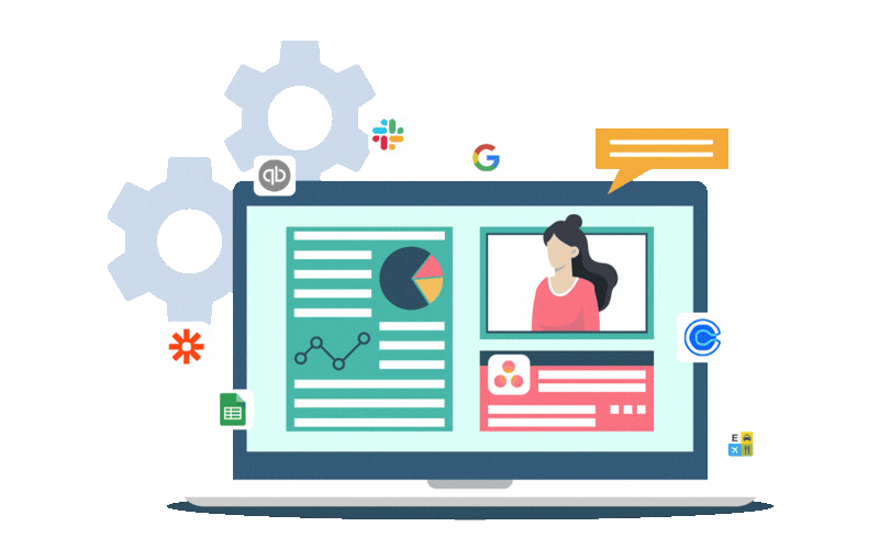 A laptop displaying various data charts, a video call with a woman, and app icons around it, including gears and social media logos, representing digital communication and analytics.