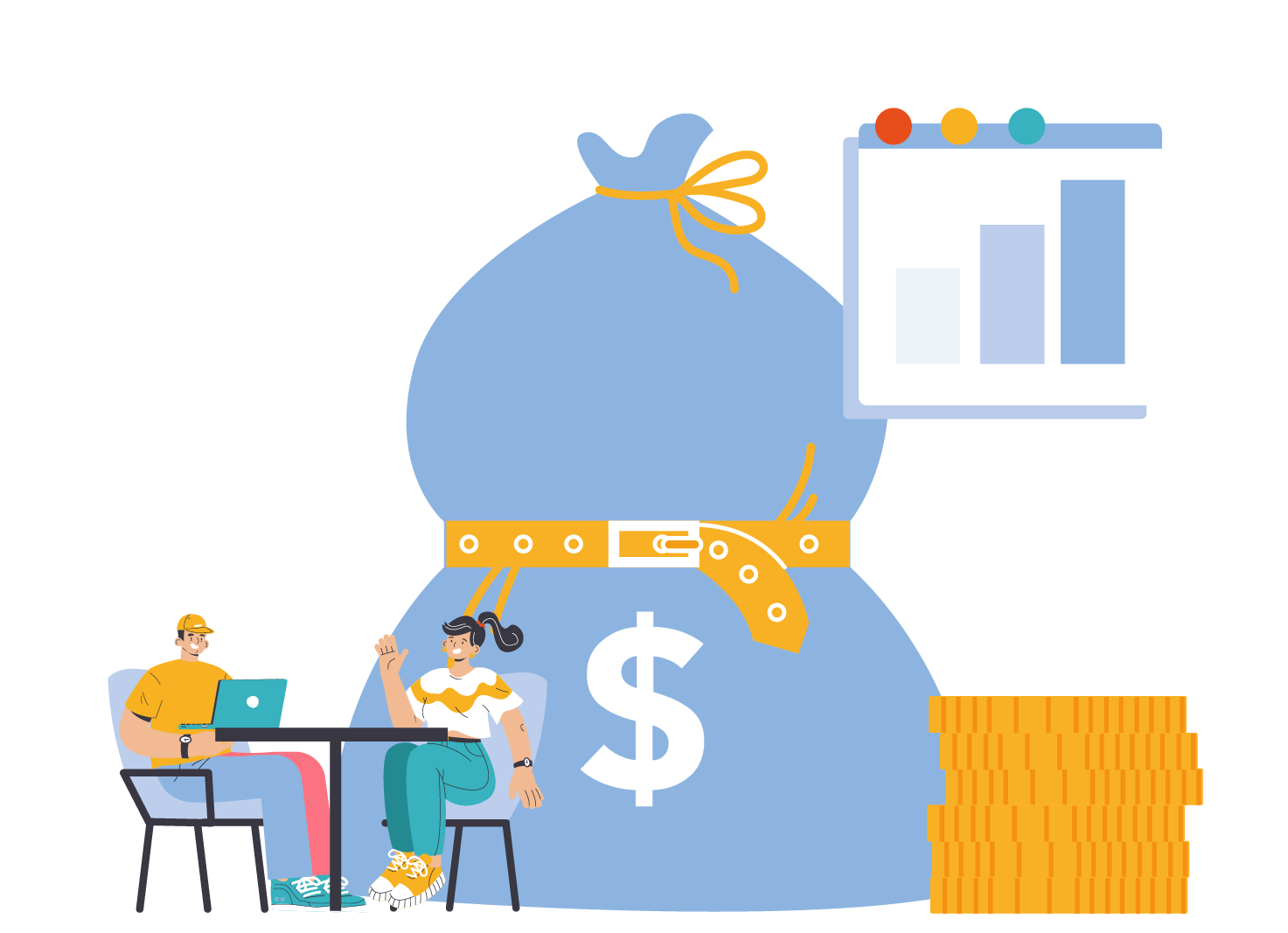 Illustration of a large blue money bag with a dollar sign, a belt, a chart showing rising bar graphs, a stack of gold coins, and two people sitting at a table using laptops, representing financial growth and business success.