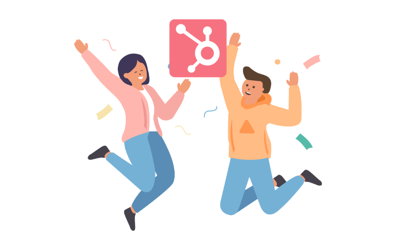 Two people jumping and celebrating, holding a pink sign with a network diagram, with confetti around them.