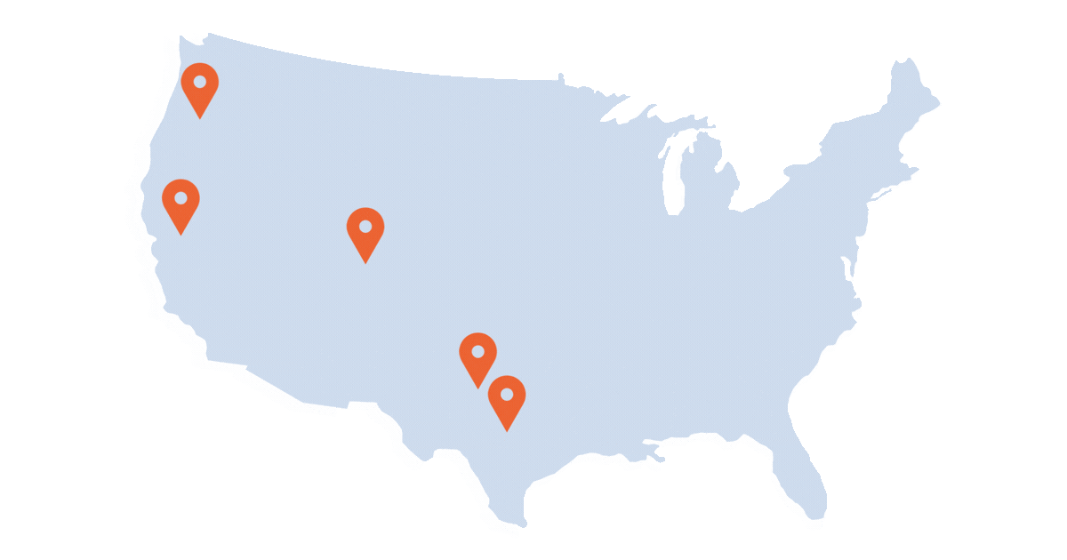 Map of the United States with five orange location markers placed in California, Nevada, Texas, Arizona, and Florida.