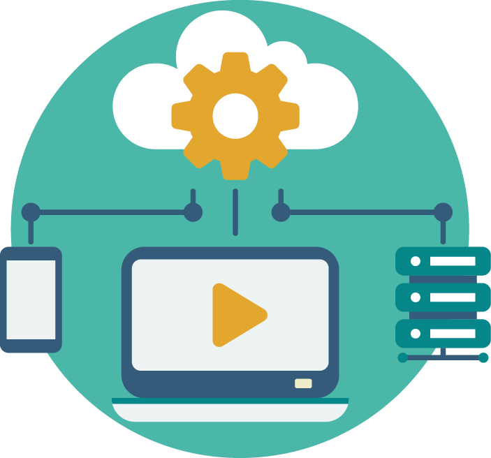 Diagram illustrating cloud computing, with a cloud, gear, smartphone, video player, and server connected, representing technology and data management.