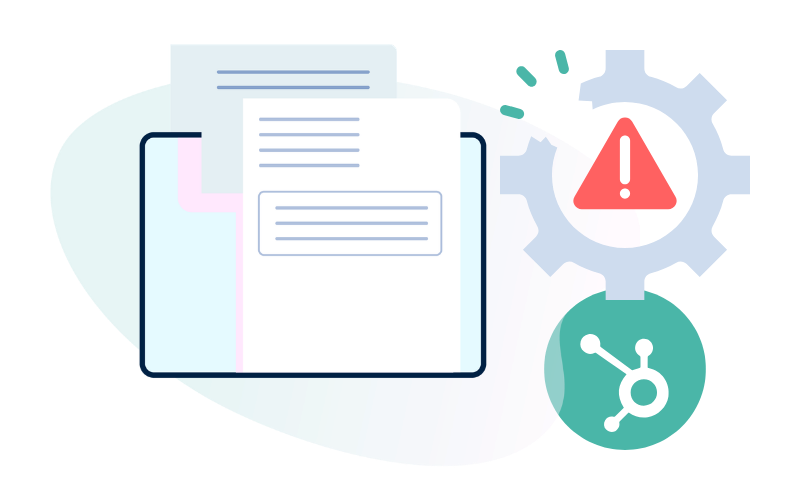 Computer monitor with documents, a red warning triangle, and a gear with dotted lines connecting to a circle, representing technical or cybersecurity issues.
