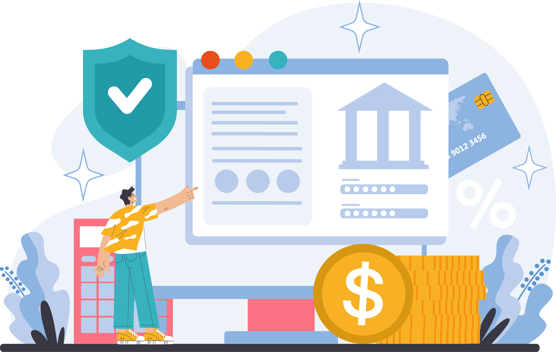 A digital illustration of financial and security concepts featuring a person pointing at a large screen displaying a document, bank building, and various financial icons, including a credit card, dollar coins, and percentage signs, with a shield symbol indicating security.