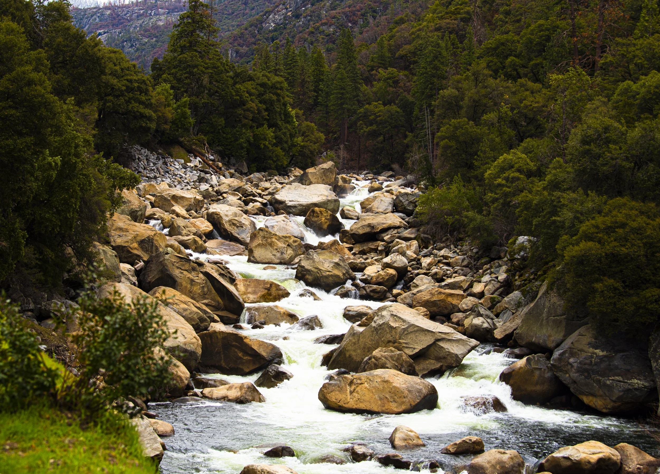 Merced River flowing down the mountain, water level low