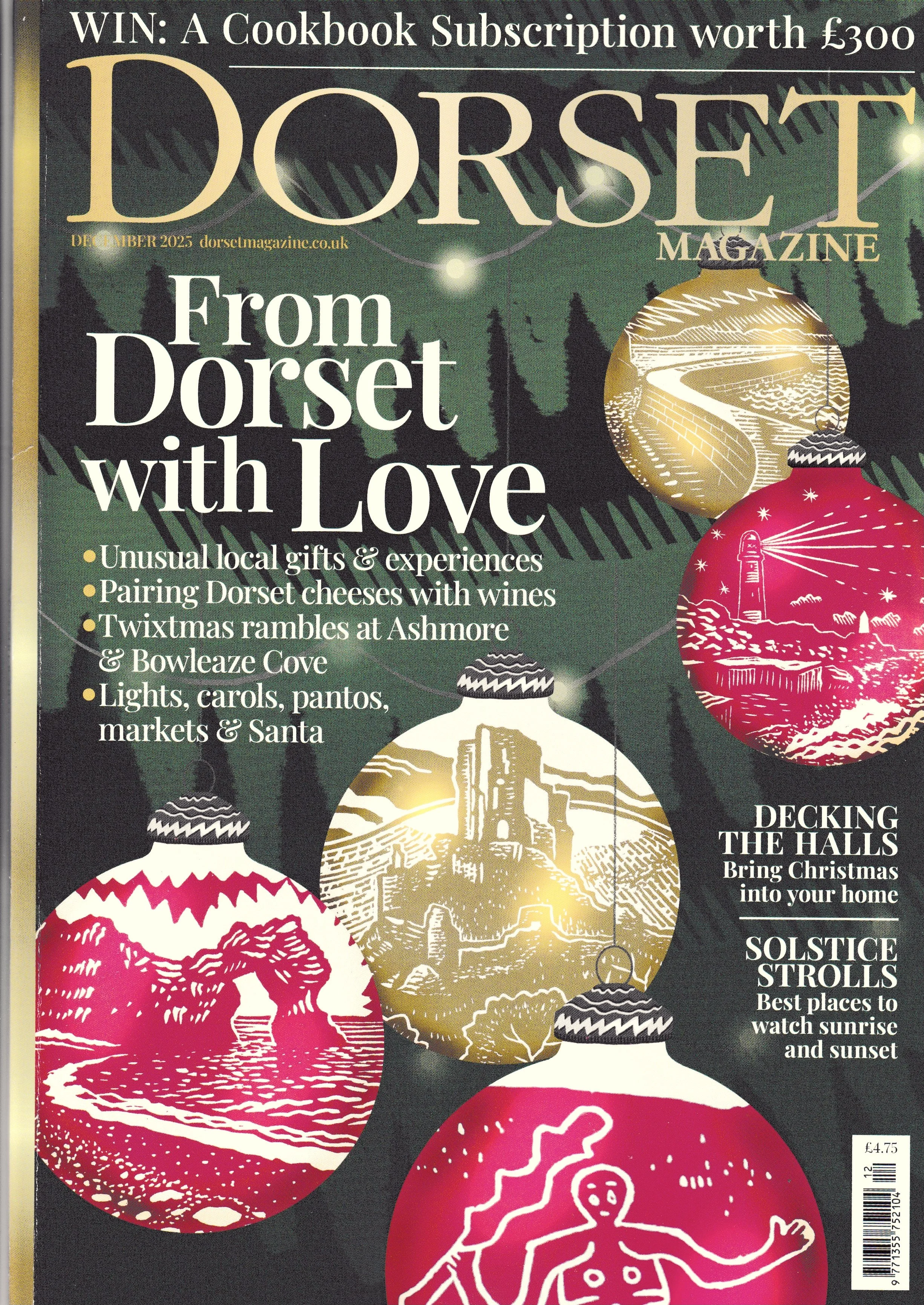 December 2023 issue of Dorset Magazine featuring Christmas decorations, local scenery, and holiday themes.
