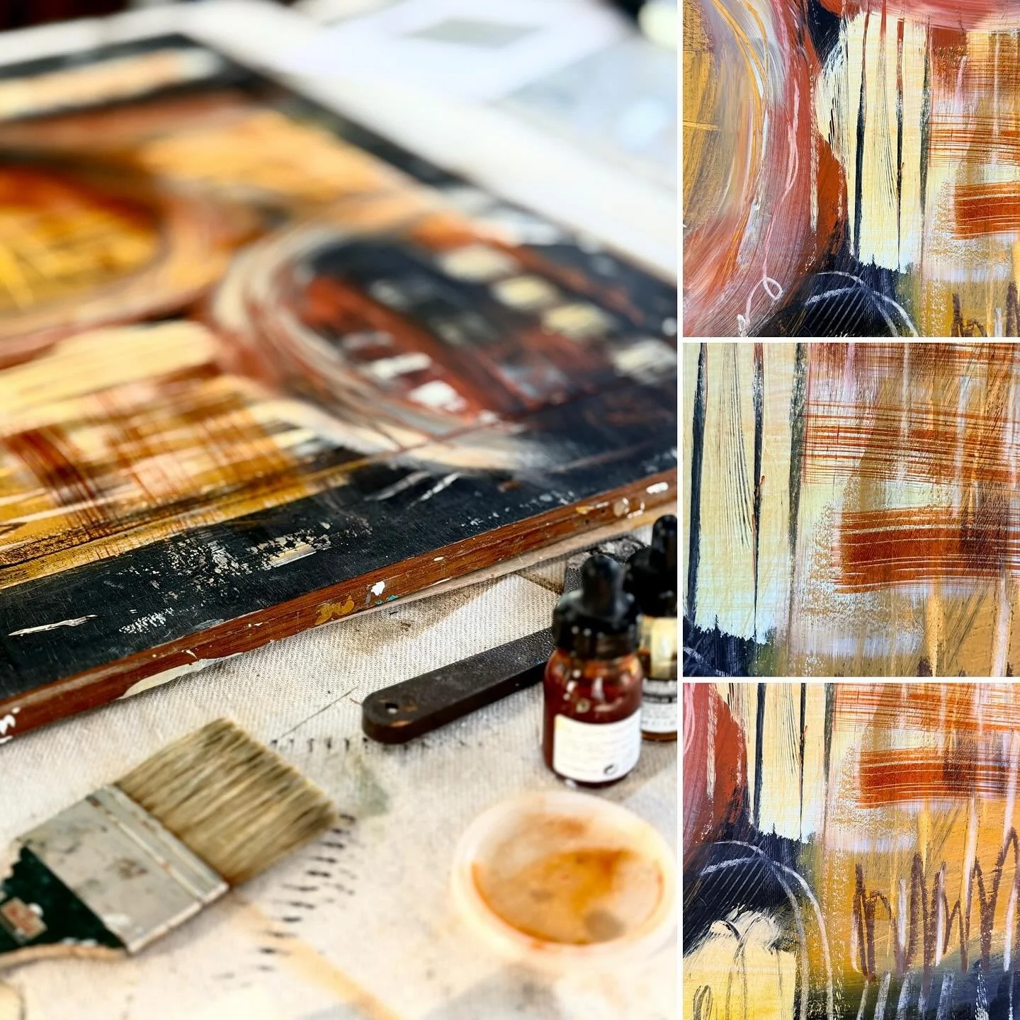 A quick warm up exercise using a limited palette but experimenting with material that have long rested in my drawers and fallen out of favour over the years&hellip;Liquitex inks, cheapo Cray-pas oil pastels and tools for mark making. 
It&rsquo;s some