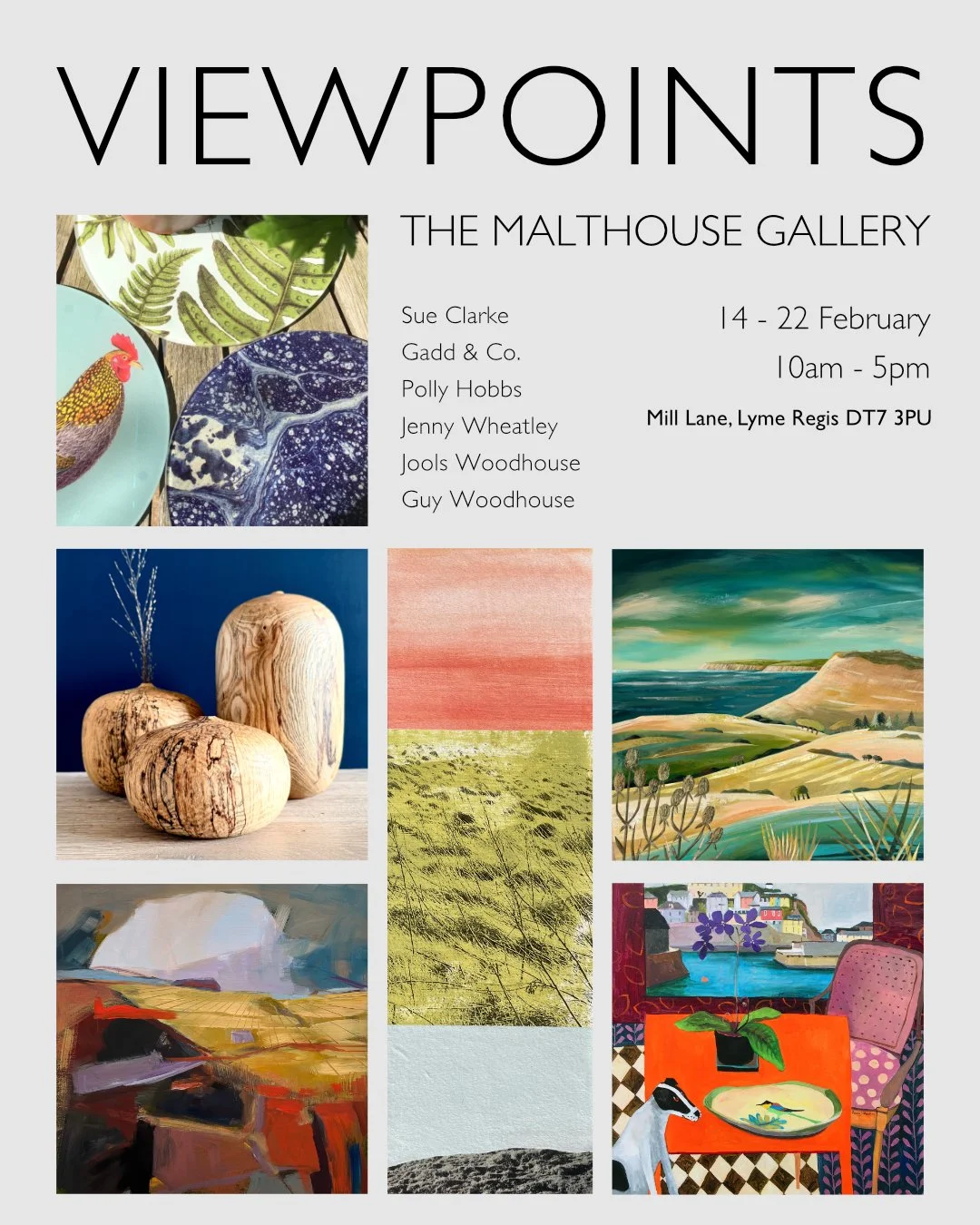 Poster advertising the 'Viewpoints' art exhibition at The Malthouse Gallery, featuring images of various artworks including ceramics, landscape paintings, and abstract art, with details about dates, times, and location.