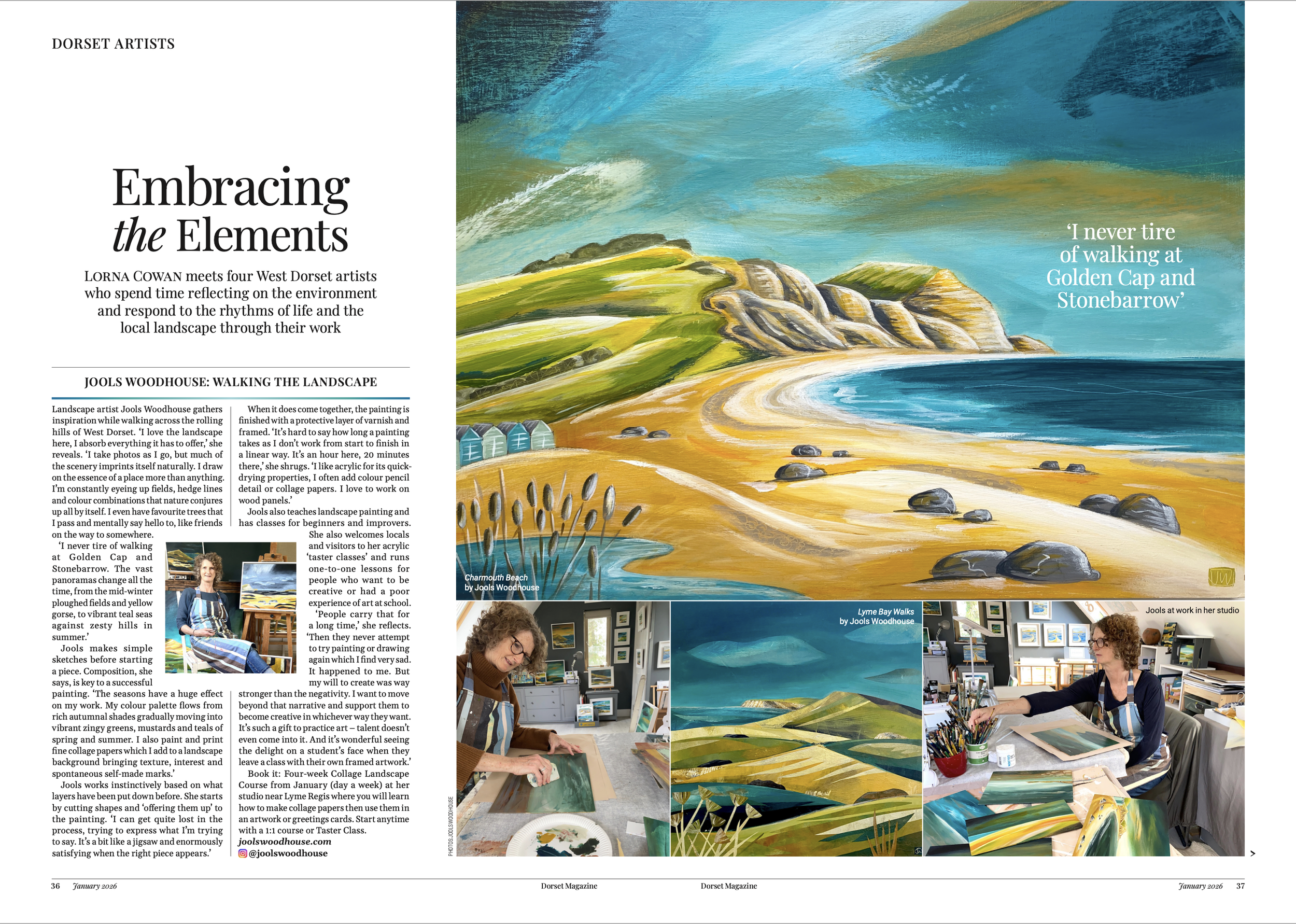 A magazine spread showcasing four paintings by West Dorset artists, featuring landscapes and scenes of walking along the coastline in blue, green, and yellow tones, with photos of the artists working in their studios.