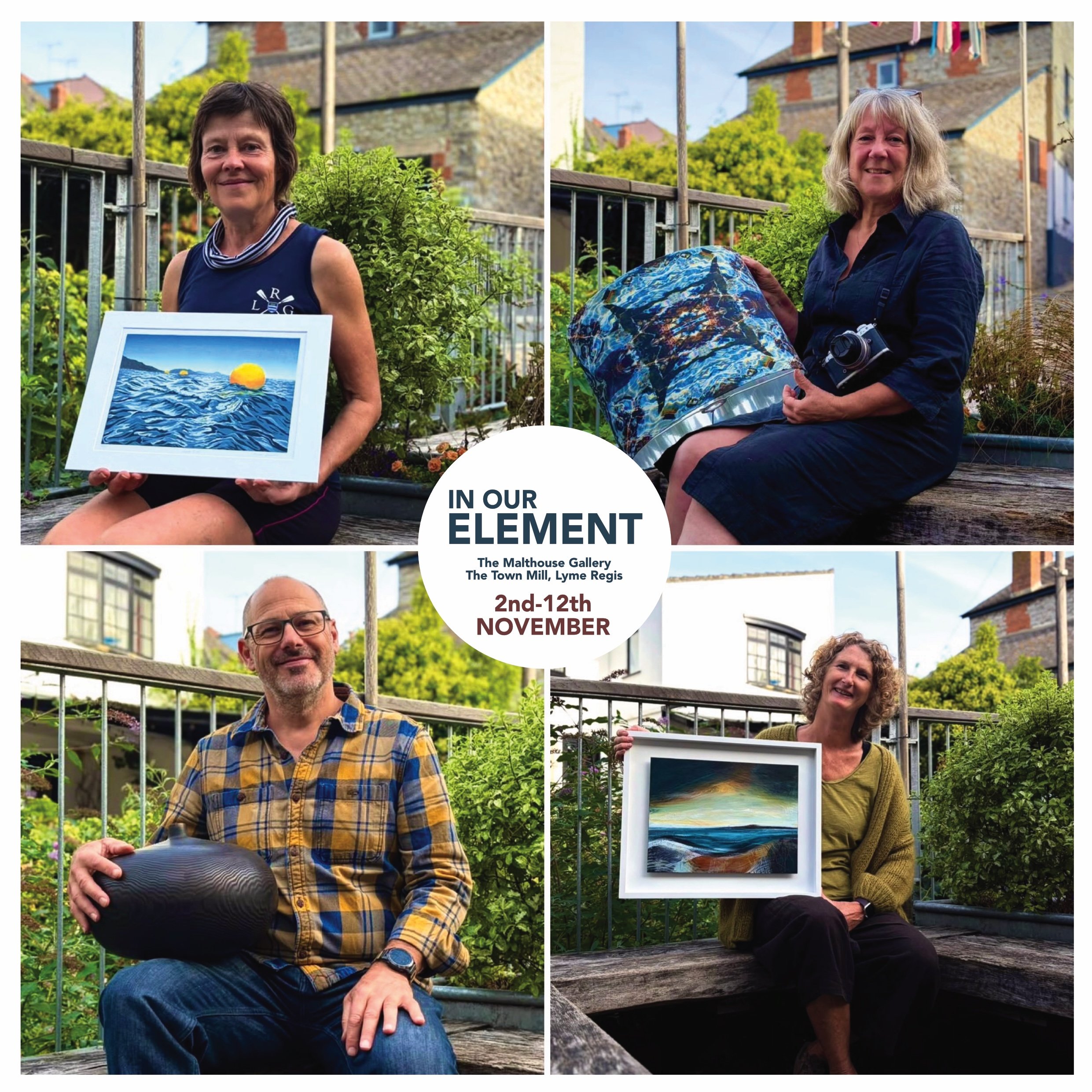 Four women sitting outdoors on a wooden bench in a garden with greenery and houses in the background, holding framed artwork or objects, smiling, with a banner indicating an art event in November.