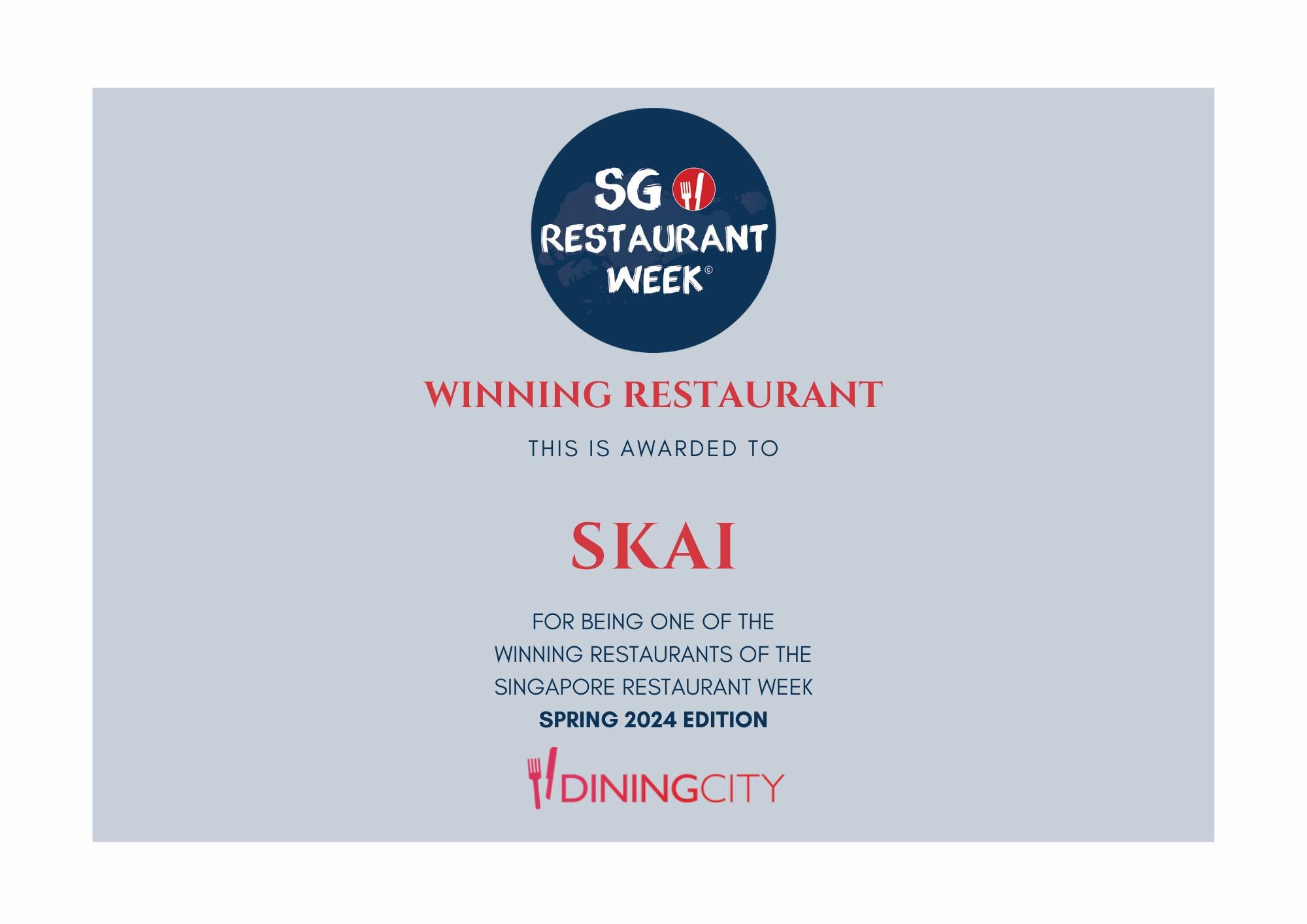 We are delighted to announce that SKAI has been honoured as a winning restaurant for Singapore Restaurant Week Spring 2024!⁣
⁣
Embark on a culinary journey with our specially crafted three-course set menu, designed to tantalise your taste buds. Enhan