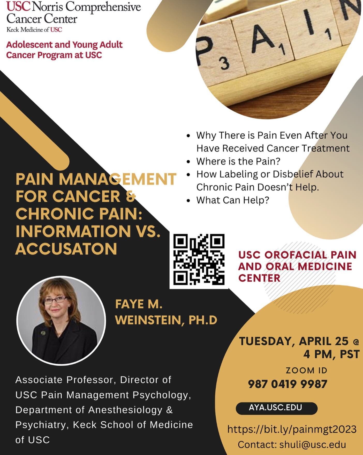 Join us at this special event tomorrow @ 4 pm featuring Dr. Faye Weinstein, Director, USC Pain Management Psychology, Department of Anesthesiology &amp; Psychiatry, Keck School of Medicine 

Topics: Why There is Pain Even After You Have Received Canc