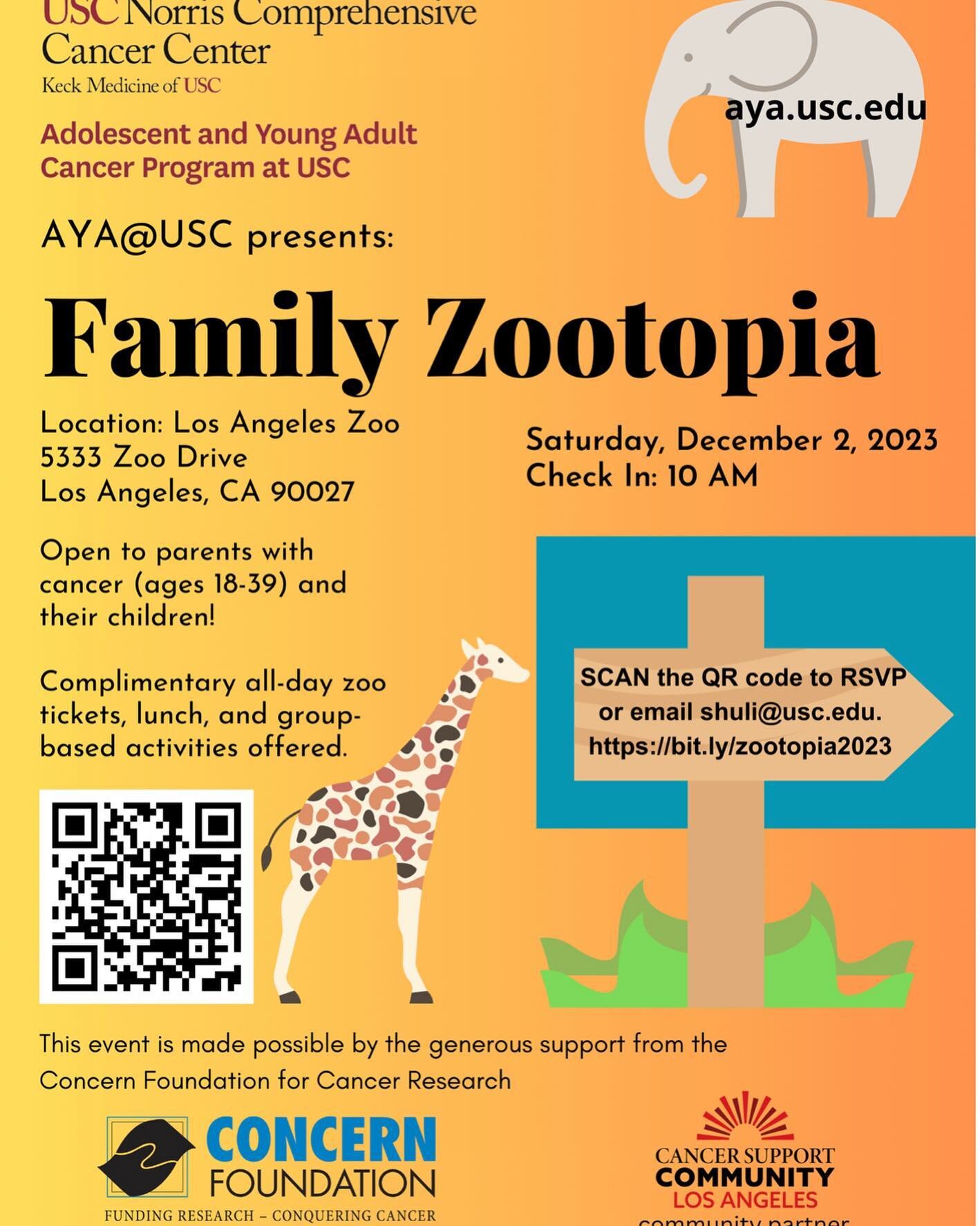 If you are a young adult cancer patient or survivor, and if you are a parent, please bring your family and join us this Saturday on December 2 at the Los Angeles Zoo and Botanic Garden for a relaxing and fun day! Free zoo tickets and gourmet lunch in