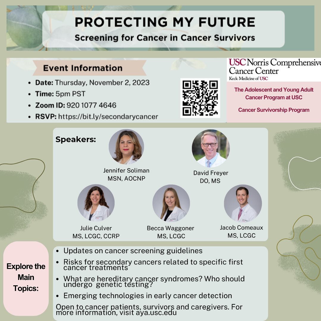 Protecting My Future: Screening for Cancer in Cancer Survivors 
🗓️ Date: Thursday, November 2, 2023 
⏰ Time: 5:00 PM - 6:00 PM 

Join USC&rsquo;s top experts as they unravel crucial topics: 
📌 Updates on cancer screening guidelines 
📌 Risks for se