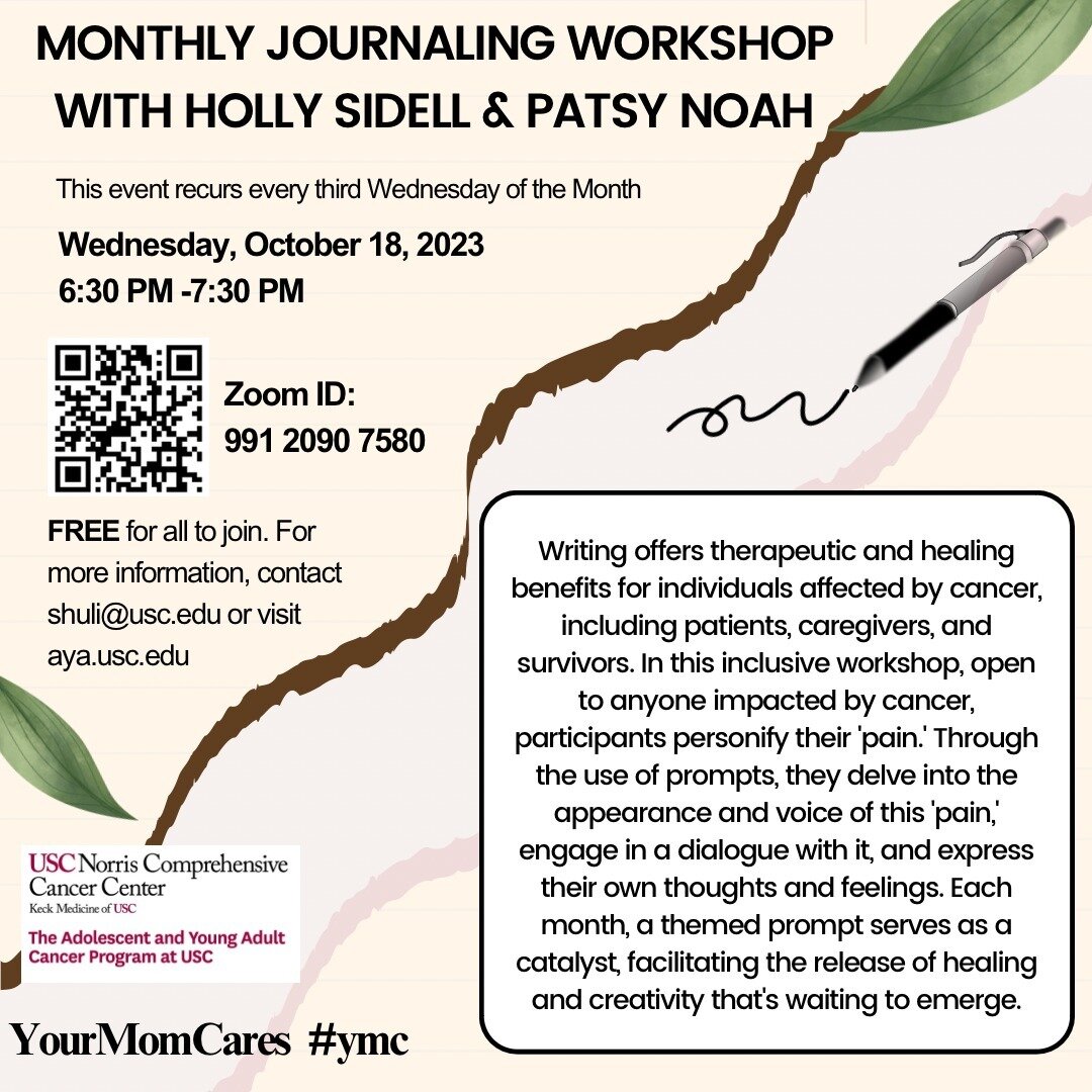 📚 Monthly Journaling Workshop with Patsy Noah 📚 
🗓️ Date: Wednesday, October 18, 2023 
🕡 Time: 6:30 PM - 7:30 PM 
Zoom ID: 991 2090 7580

📆 Recurring Event: Join us every third Wednesday of the month for an inspiring journey into the world of jo