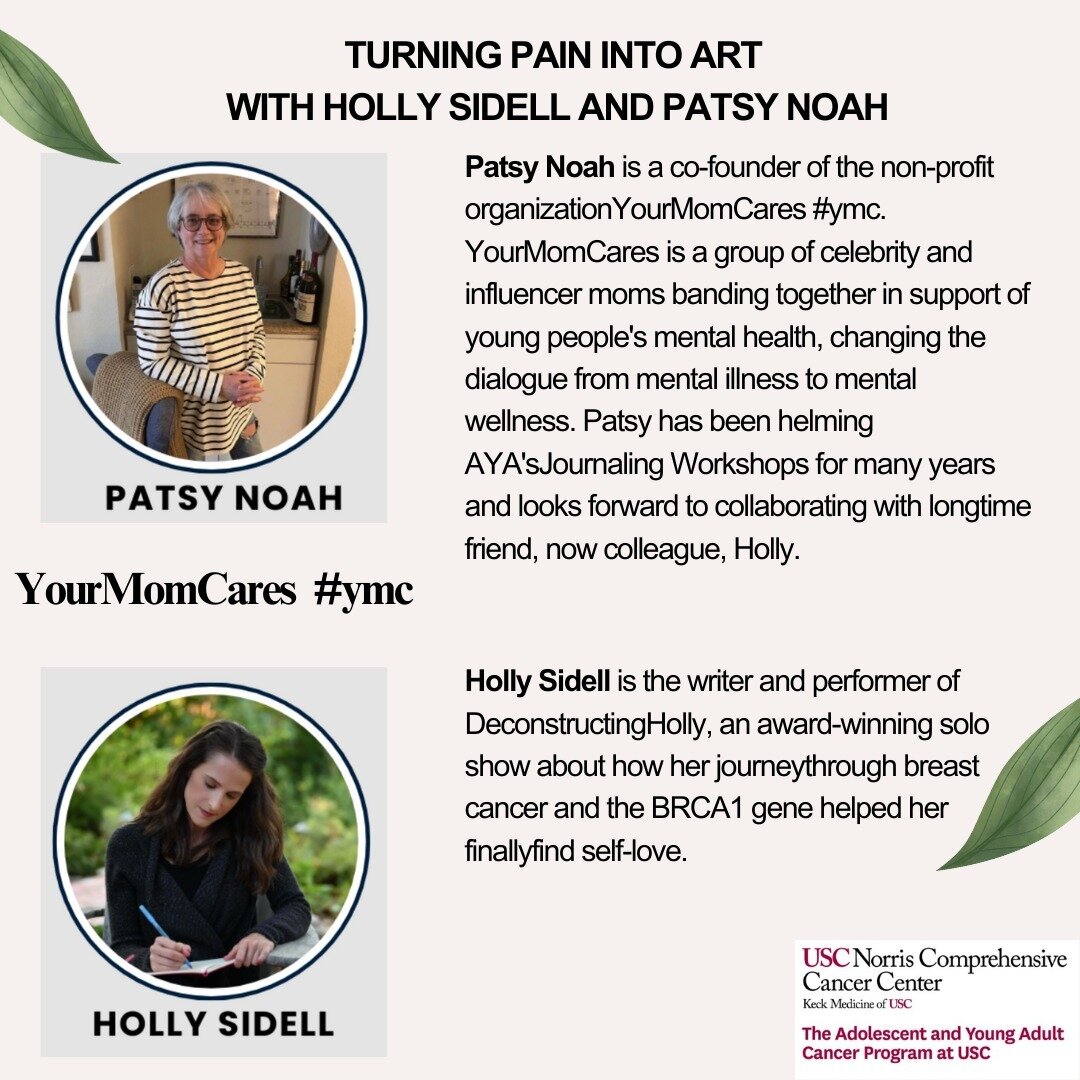 Join us for a transformative monthly online writing workshop on September 20@ 6:30 pm: Turning Pain into Art led by Patsy Noah. 

This workshop is designed for cancer patients, caregivers, and survivors, and it's free for all to attend! Mark your cal