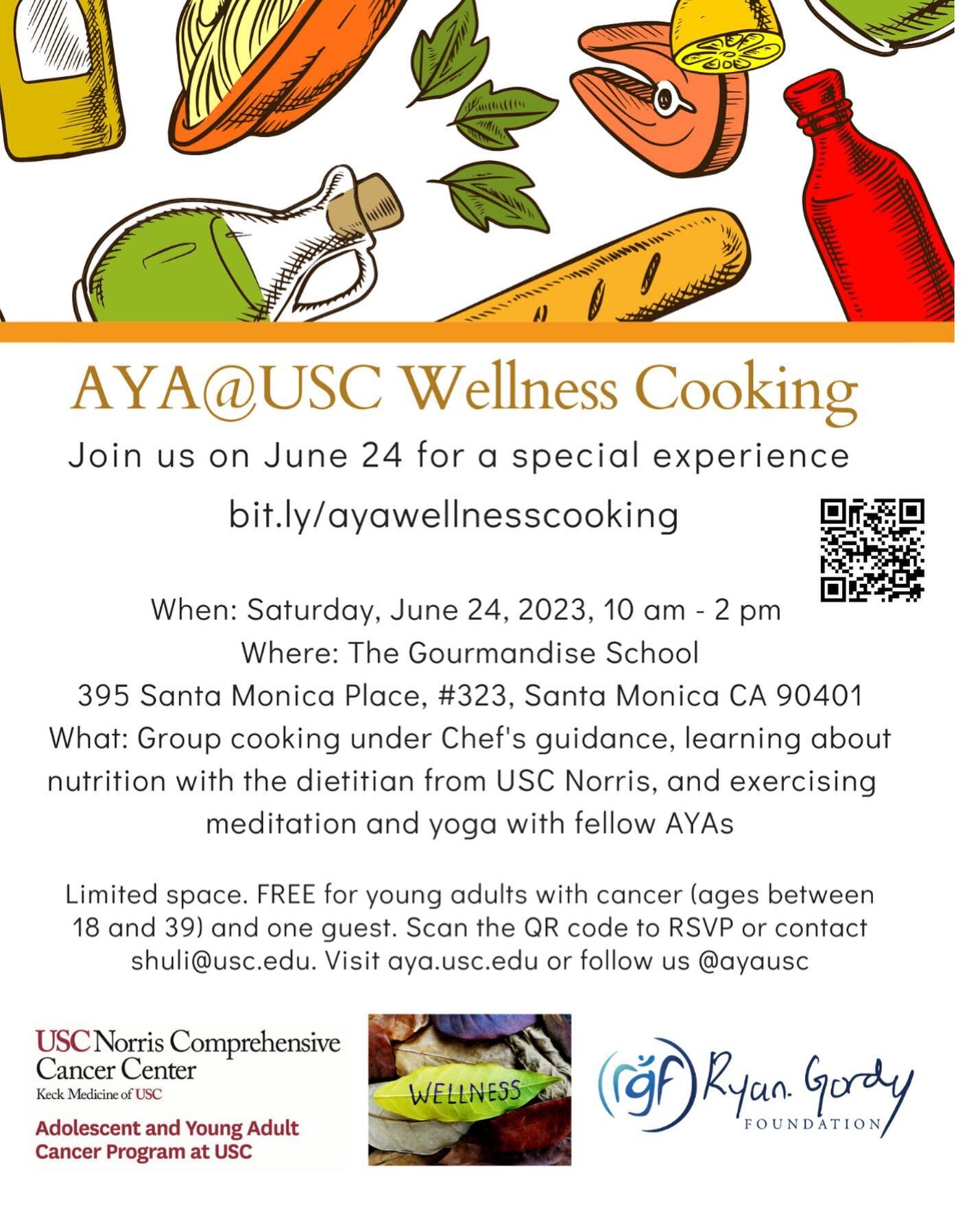 Looking forward to our upcoming wellness cooking workshop on Saturday, June 24 @ryangordyfoundation at the beautiful Santa Monica Beach. Only a few spots left. Visit aya.usc.edu for more information or email shuli@usc.edu.  @uscnorriscancercenter @us